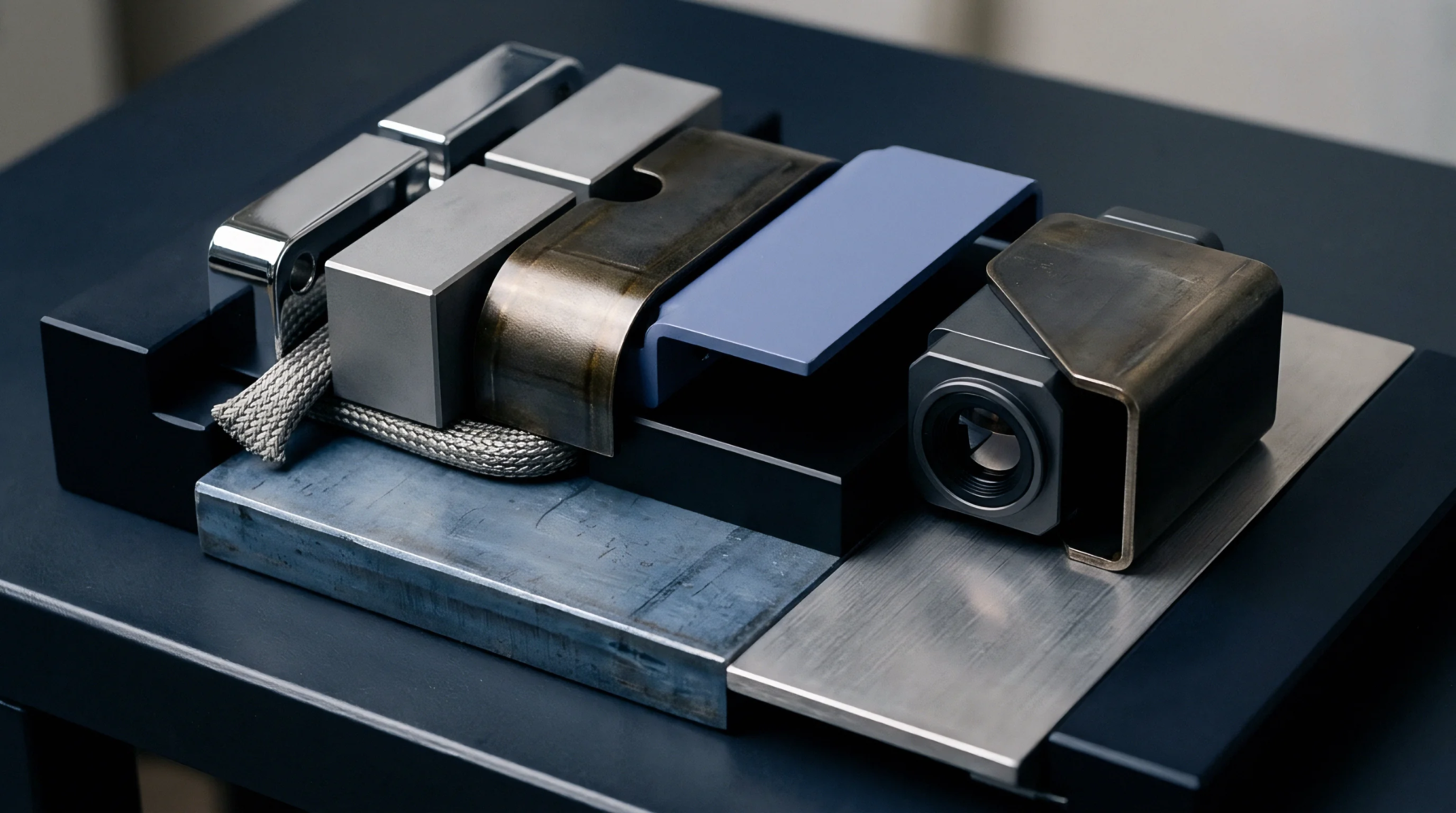 Machined metal blocks braided metal cable and coated enclosures sit on a dark tiered base as material stacks for electronic device production.