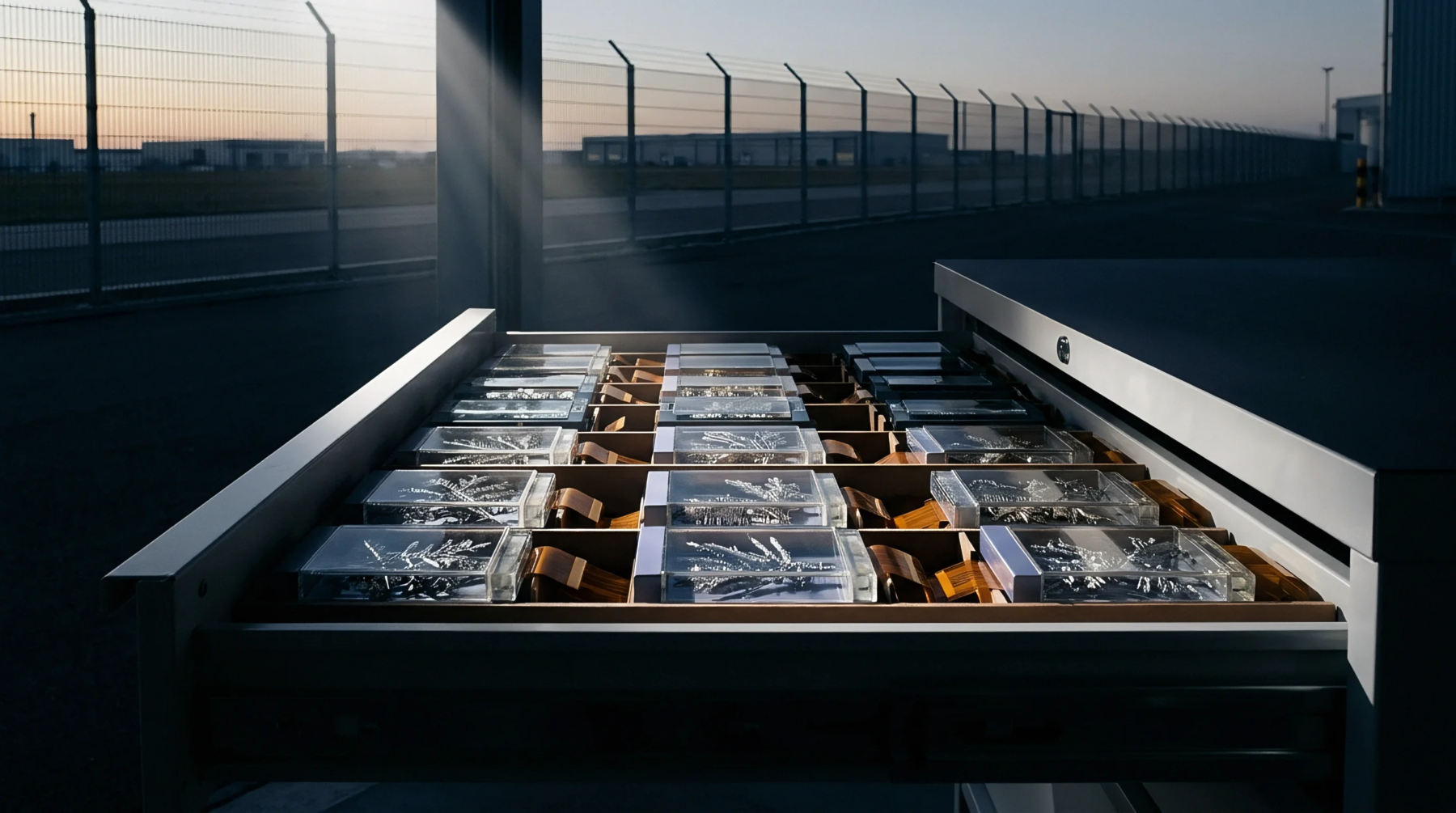 Rows of small radio frequency modules sit in clear protective cases within a metallic storage drawer on an industrial site at dawn.