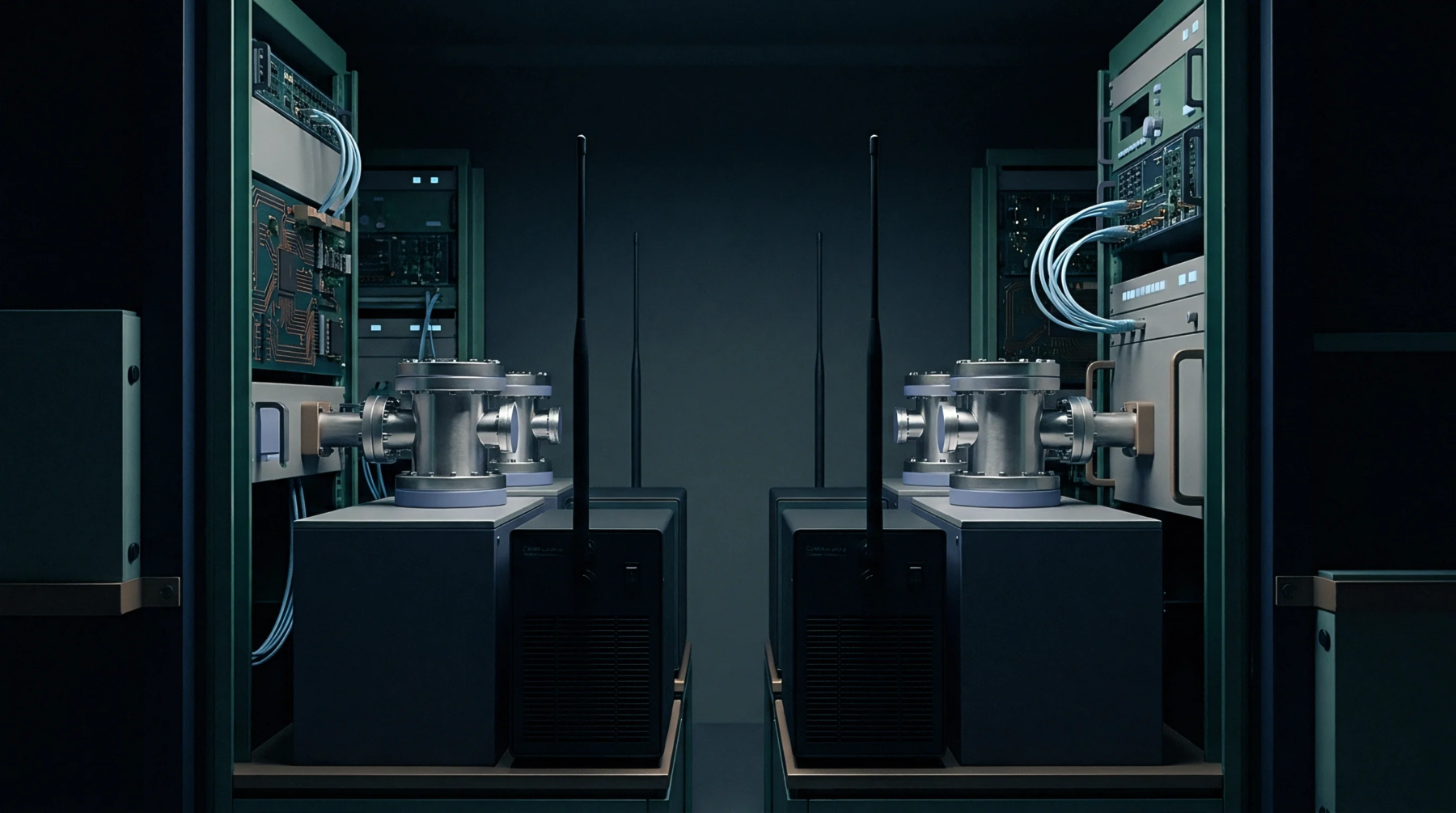 An illustration presents a symmetrically arranged pair of radio frequency testing rigs featuring antennas, vacuum chambers, and electronic rack-mounted equipment.