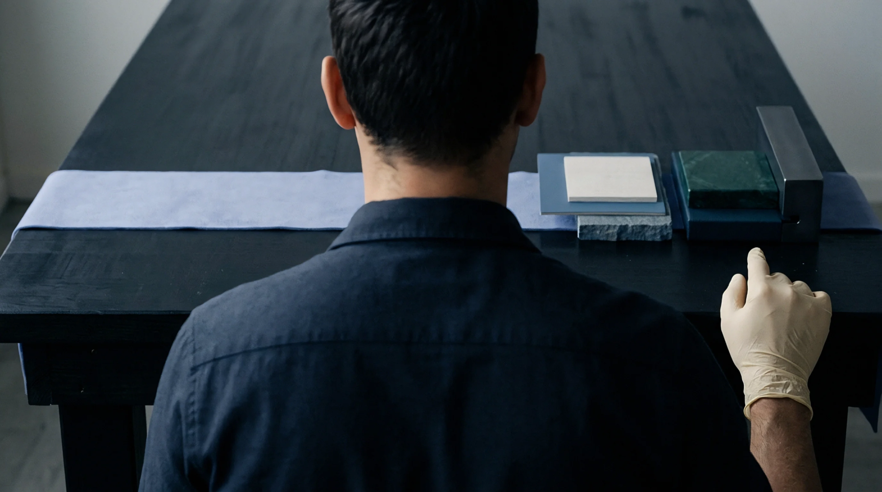 A person sits at a black table inspecting small tile samples and material segments near a single light blue fabric strip.