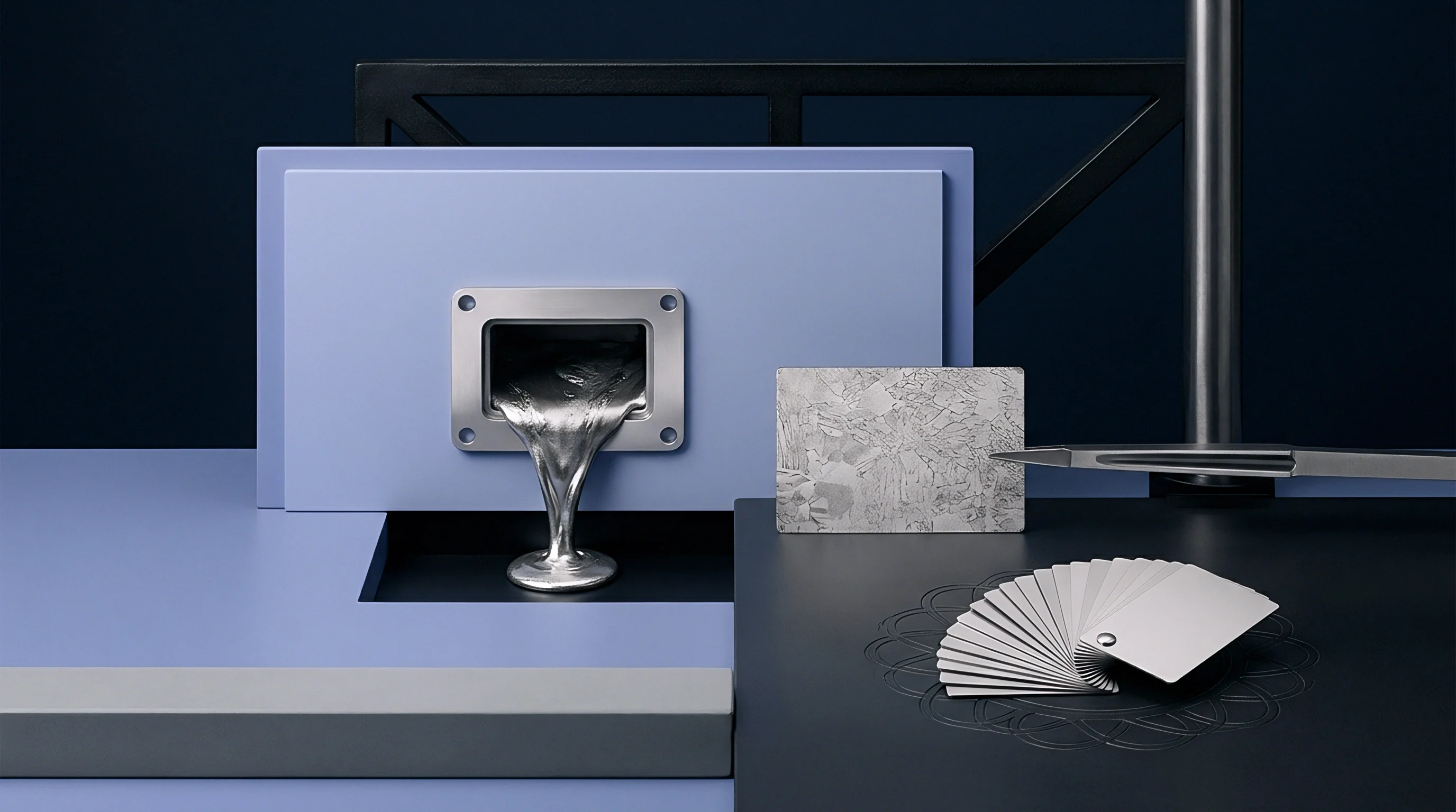 Liquid metal flows from an industrial port onto a blue platform beside textured samples and finish swatches in this digital render.