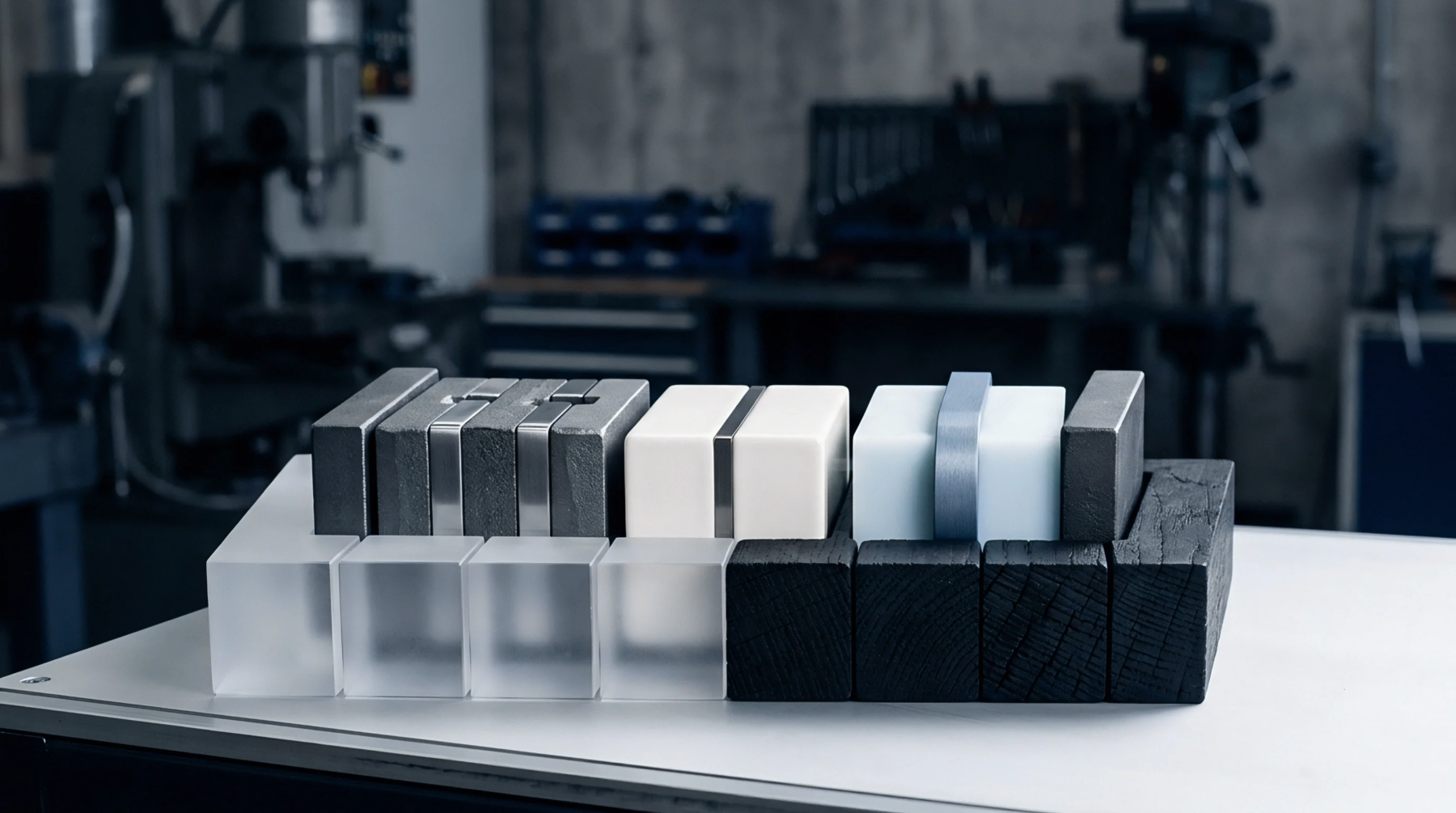 Various material blocks in different finishes are arranged on a light-coloured workbench in a manufacturing environment, showcasing potential enclosure designs for smart devices.