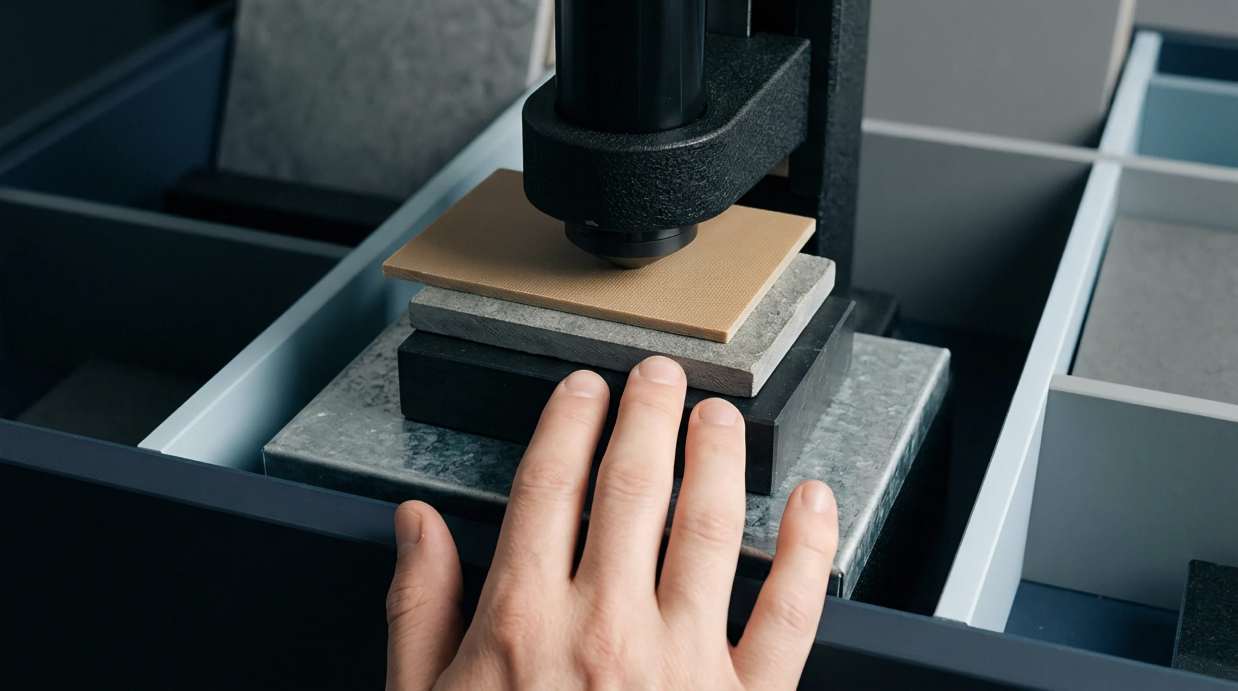 A pneumatic press descends onto a stack of industrial substrate layers held by a human hand within a laboratory quality control testing station.