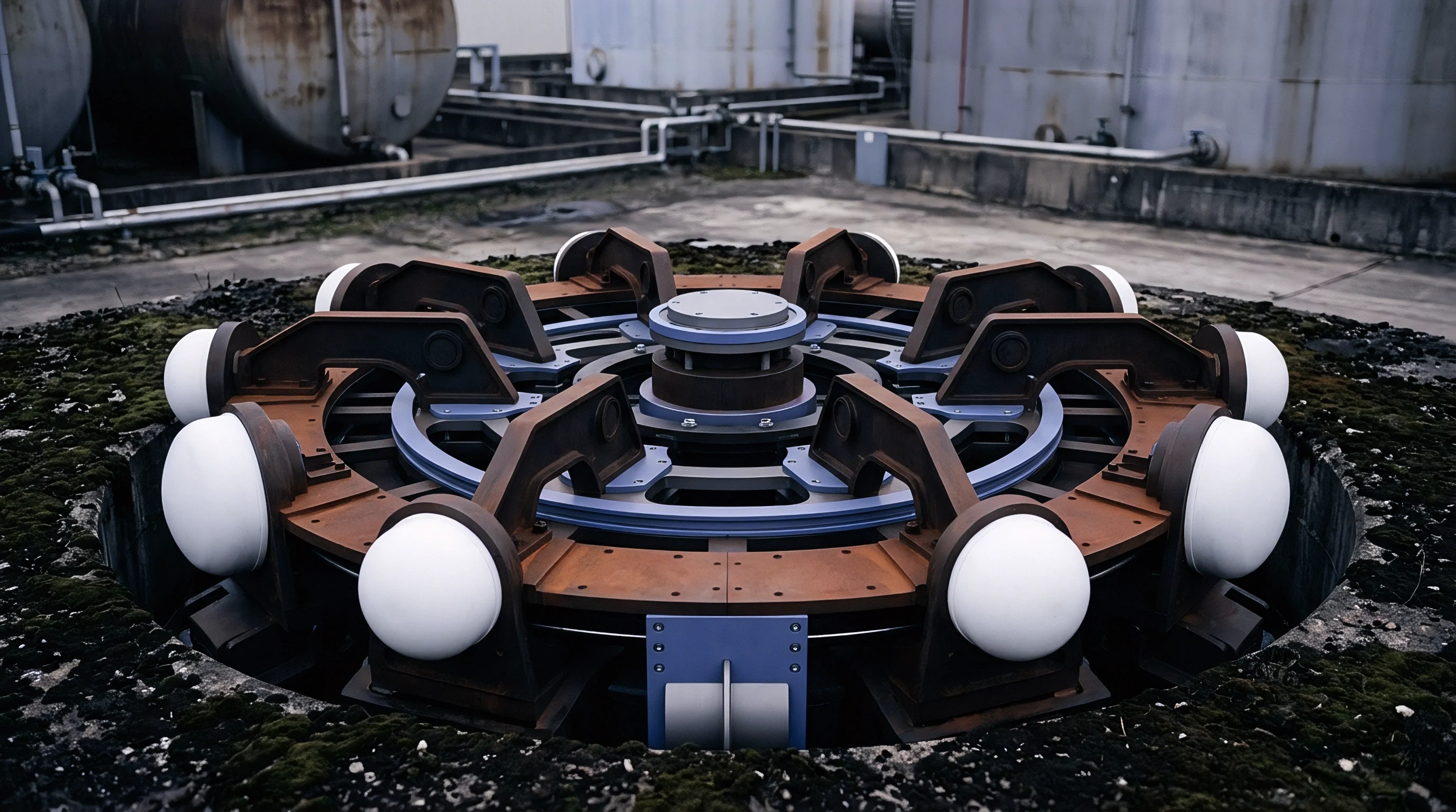 A detailed 3D render displays a mechanical antenna pedestal assembly inside a recessed industrial base surrounded by steel storage tanks.