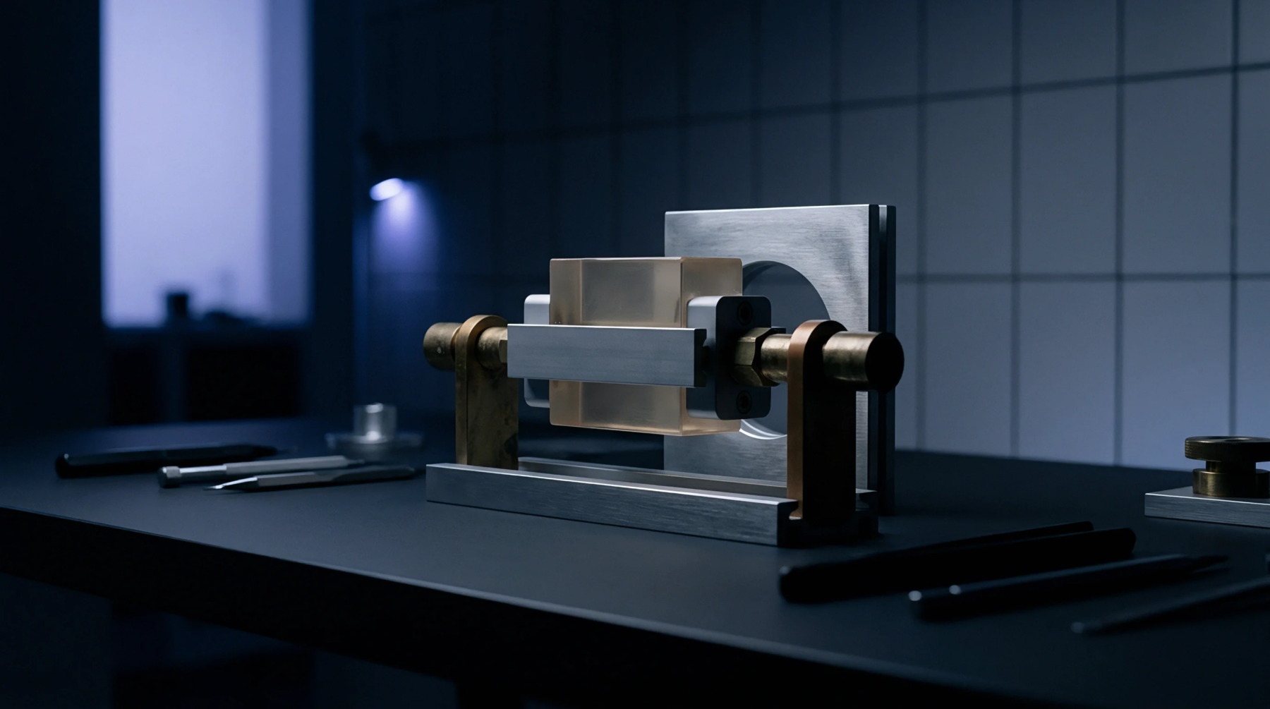 A rectangular translucent component sits inside a horizontally oriented metal clamp assembly positioned on a dark workbench inside a modular facility.