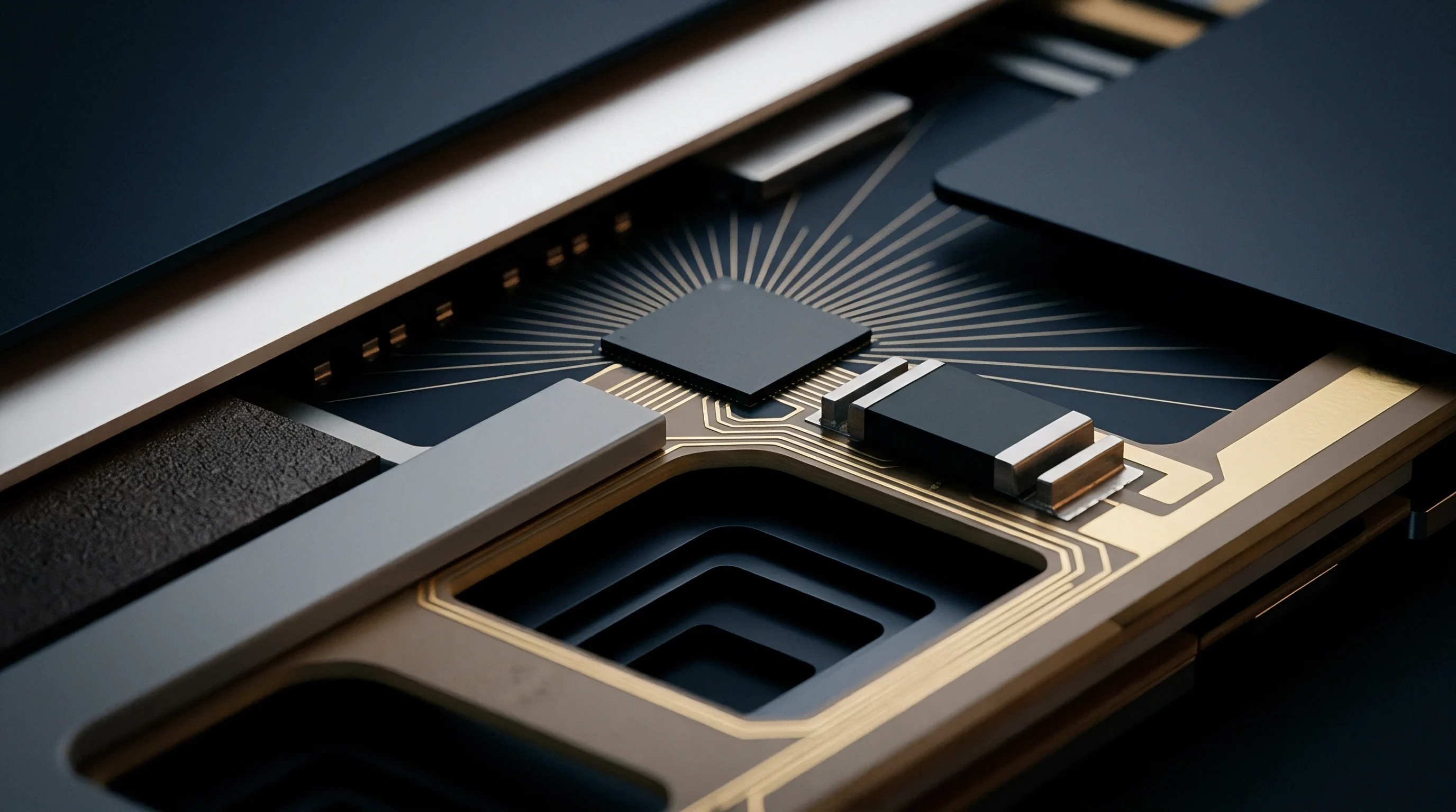 This render shows a close view of a central integrated circuit chip and surface mount components on a gold-traced printed circuit board substrate.