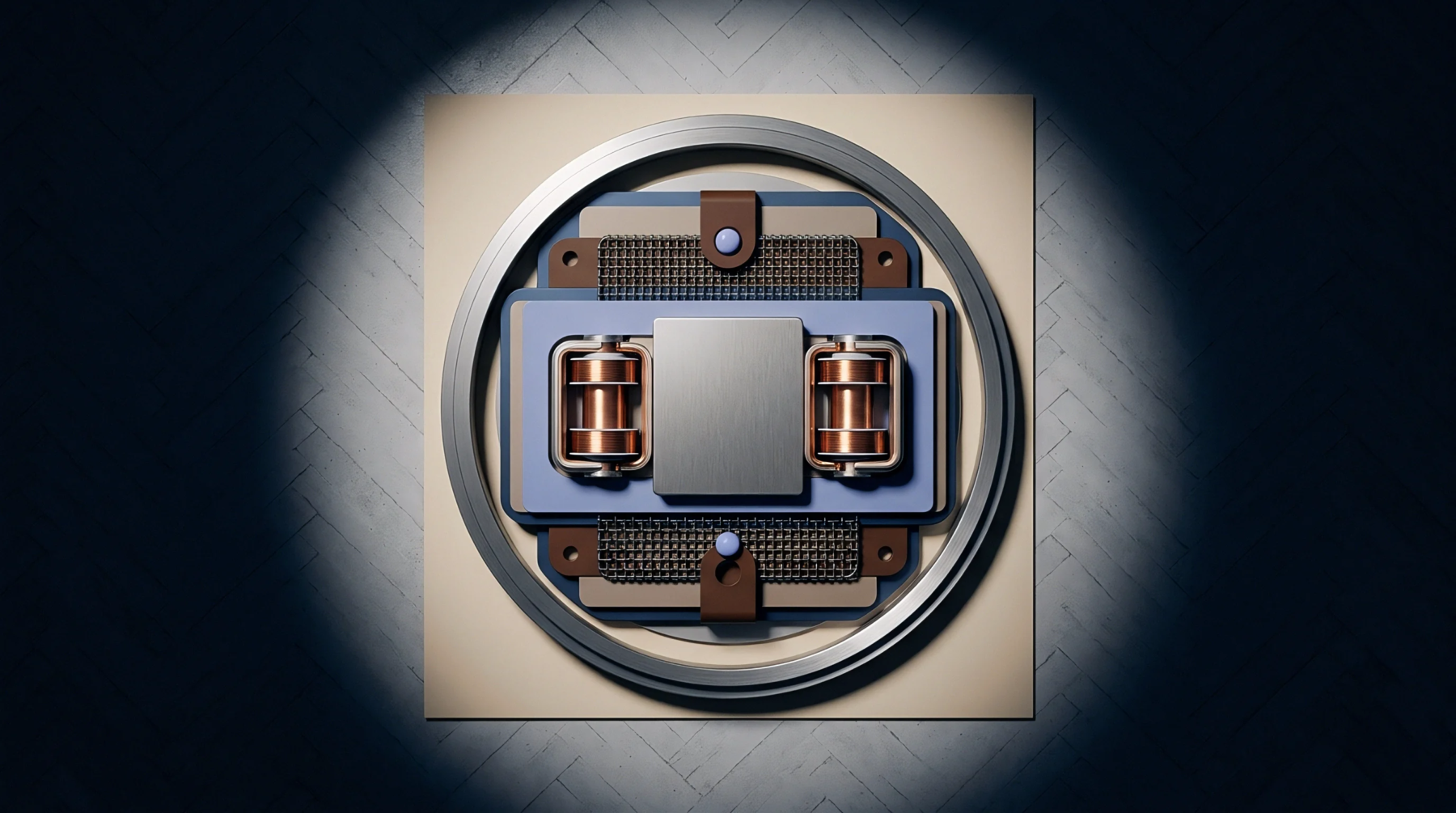 A digital render shows a miniature precision mechanical module featuring copper coils and metallic mesh within a circular housing.
