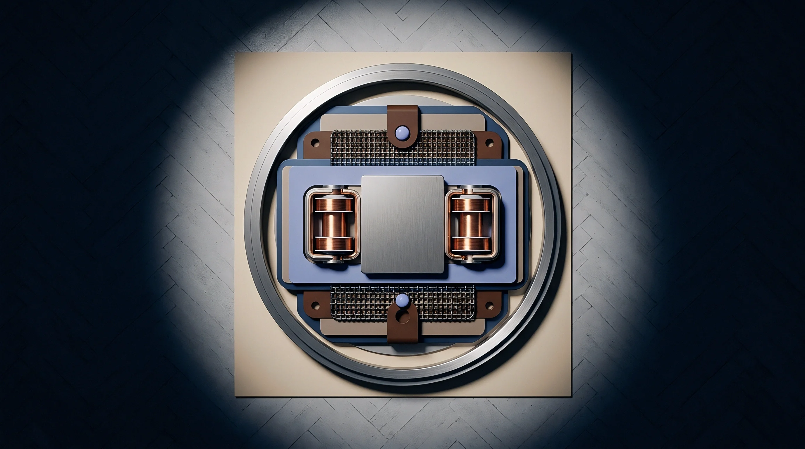 A digital render shows a miniature precision mechanical module featuring copper coils and metallic mesh within a circular housing.