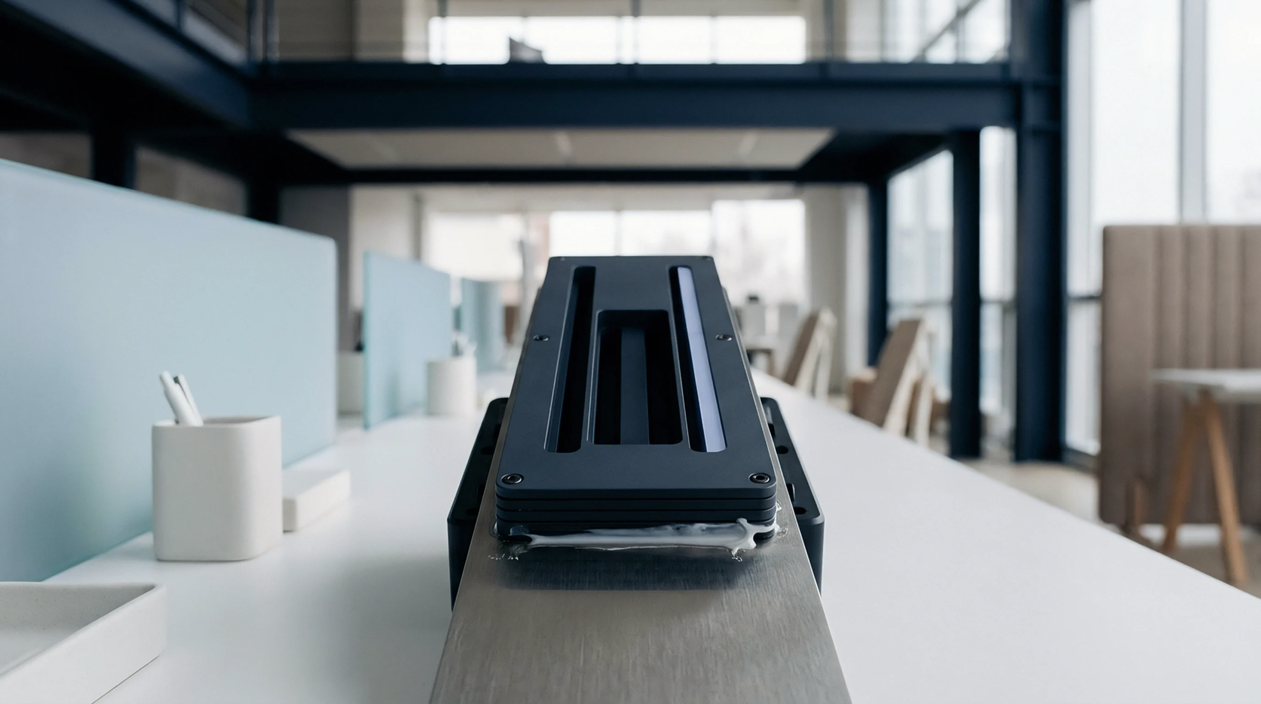 A metallic antenna integration module rests on a laboratory workbench within a bright modern office interior featuring partitioned workstations and structural beams.