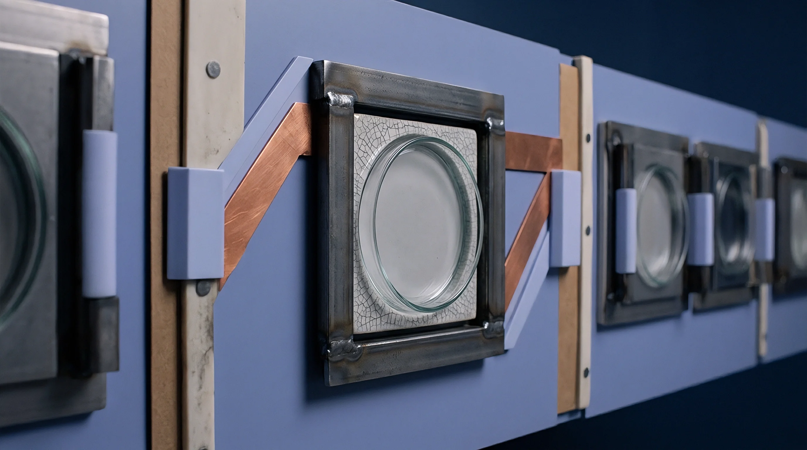 Circular glass elements encased in metal frames mount onto blue panels connected by metallic conductive strips.