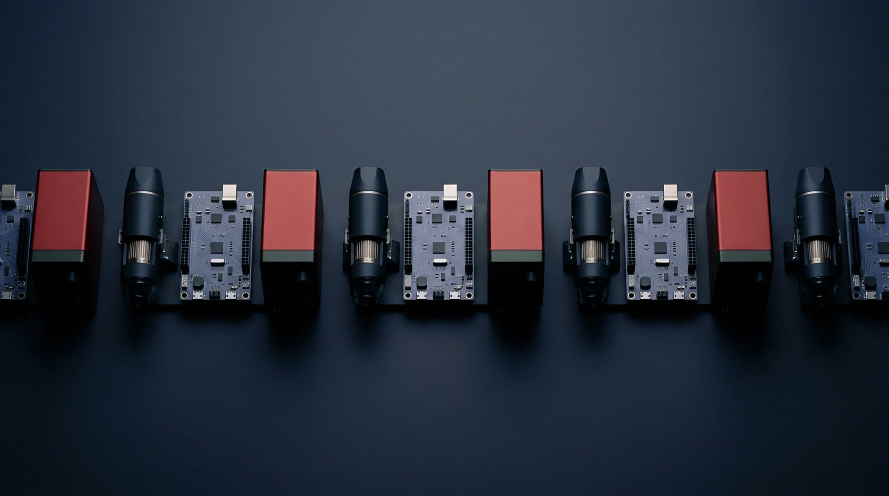 Identical electronic development boards red receiver modules and black cylindrical antennas align in a repeating row on a dark background.