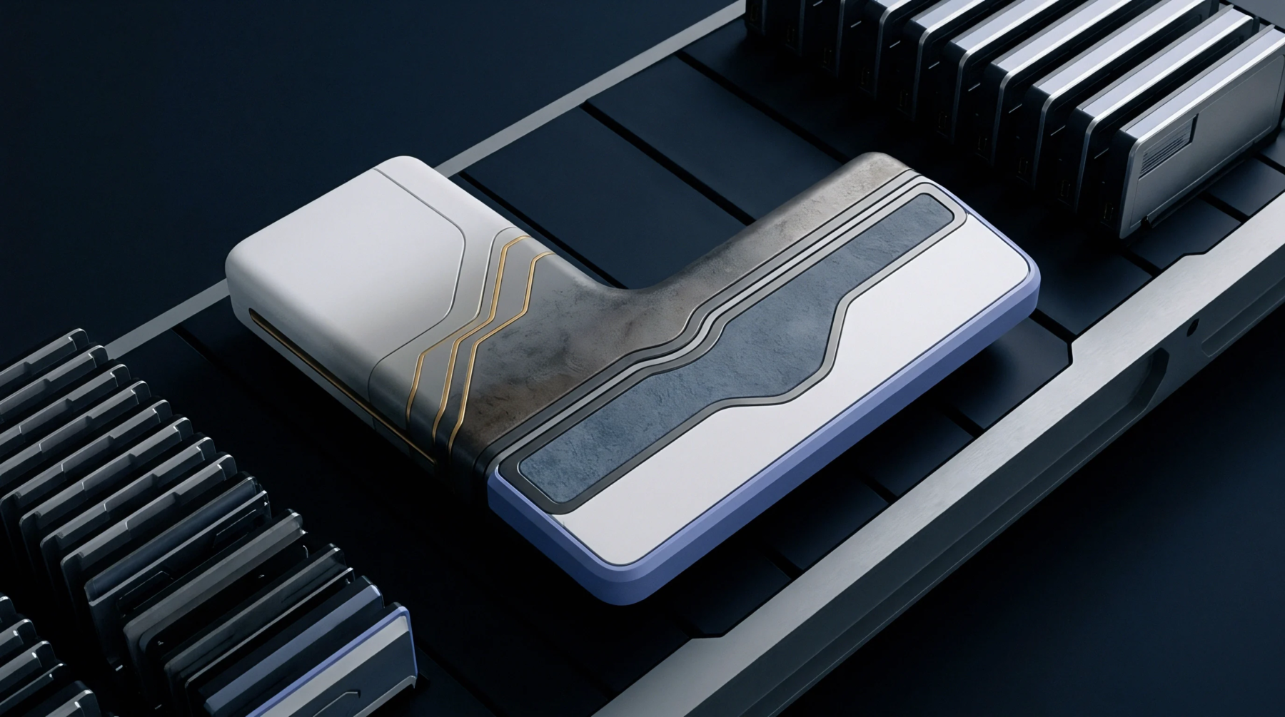 Angled connectivity module with metallic circuits sits on a dark industrial tray among stacked rectangular components in the digital render.