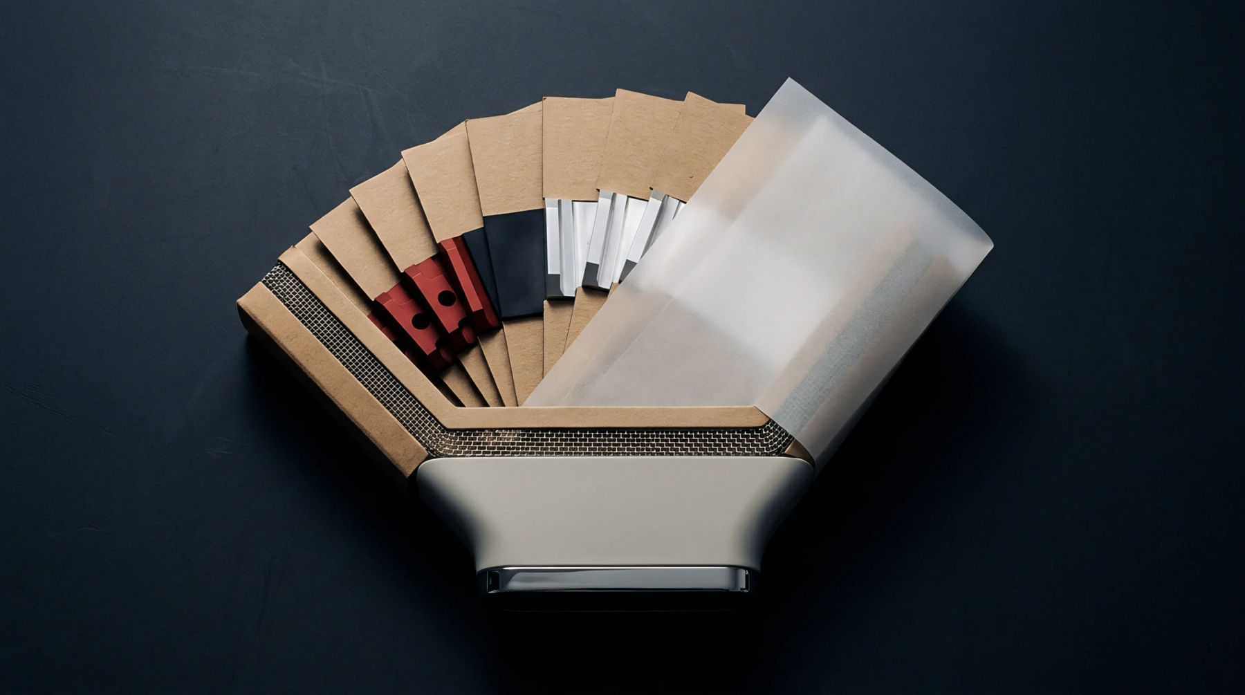 Modular hardware components with diverse surface finishes sit in a radial arrangement inside a metal contact base assembly.