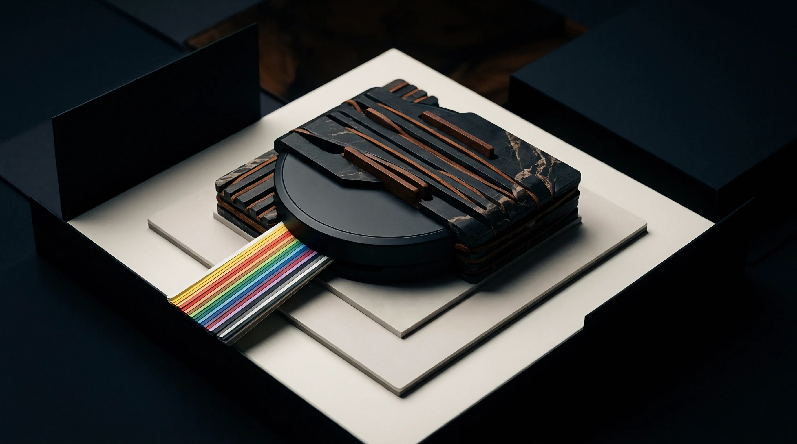 A digital illustration presents a modular hardware assembly featuring a rainbow ribbon cable extending outward from a central circular connectivity interface.