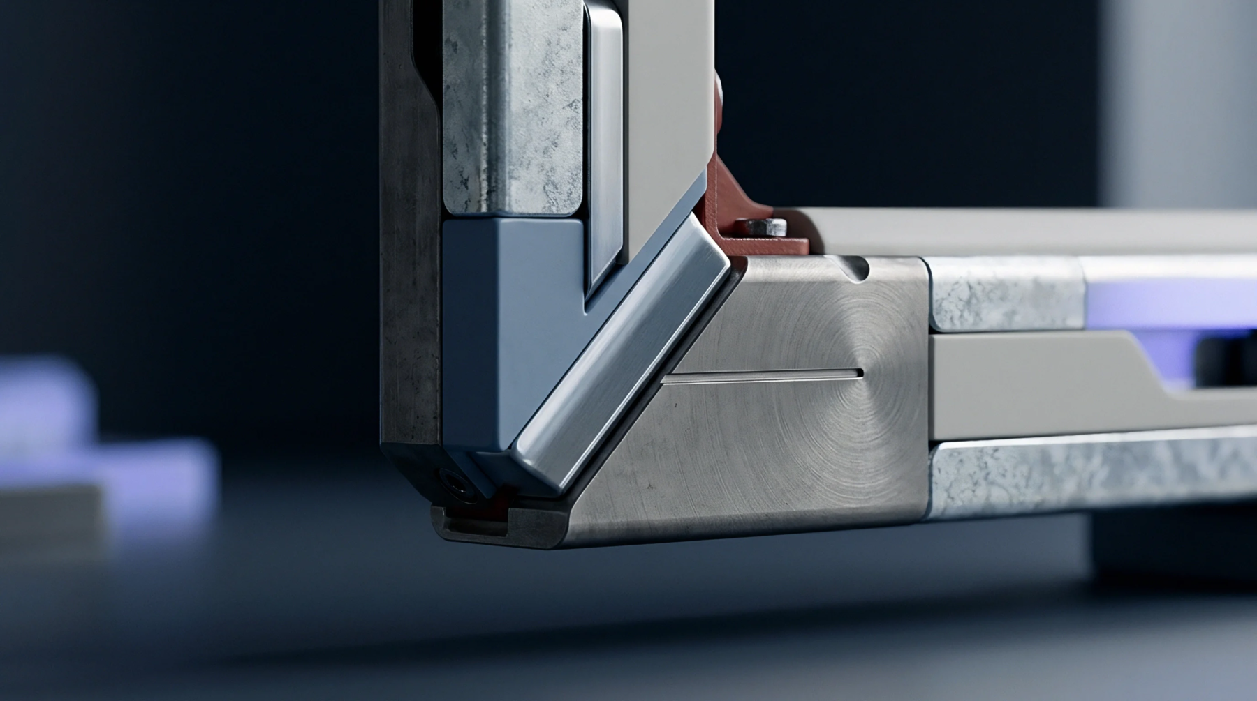 Metal and galvanized steel components form an interlocking frame corner assembly designed for structural integration of modular radio and antenna hardware systems.