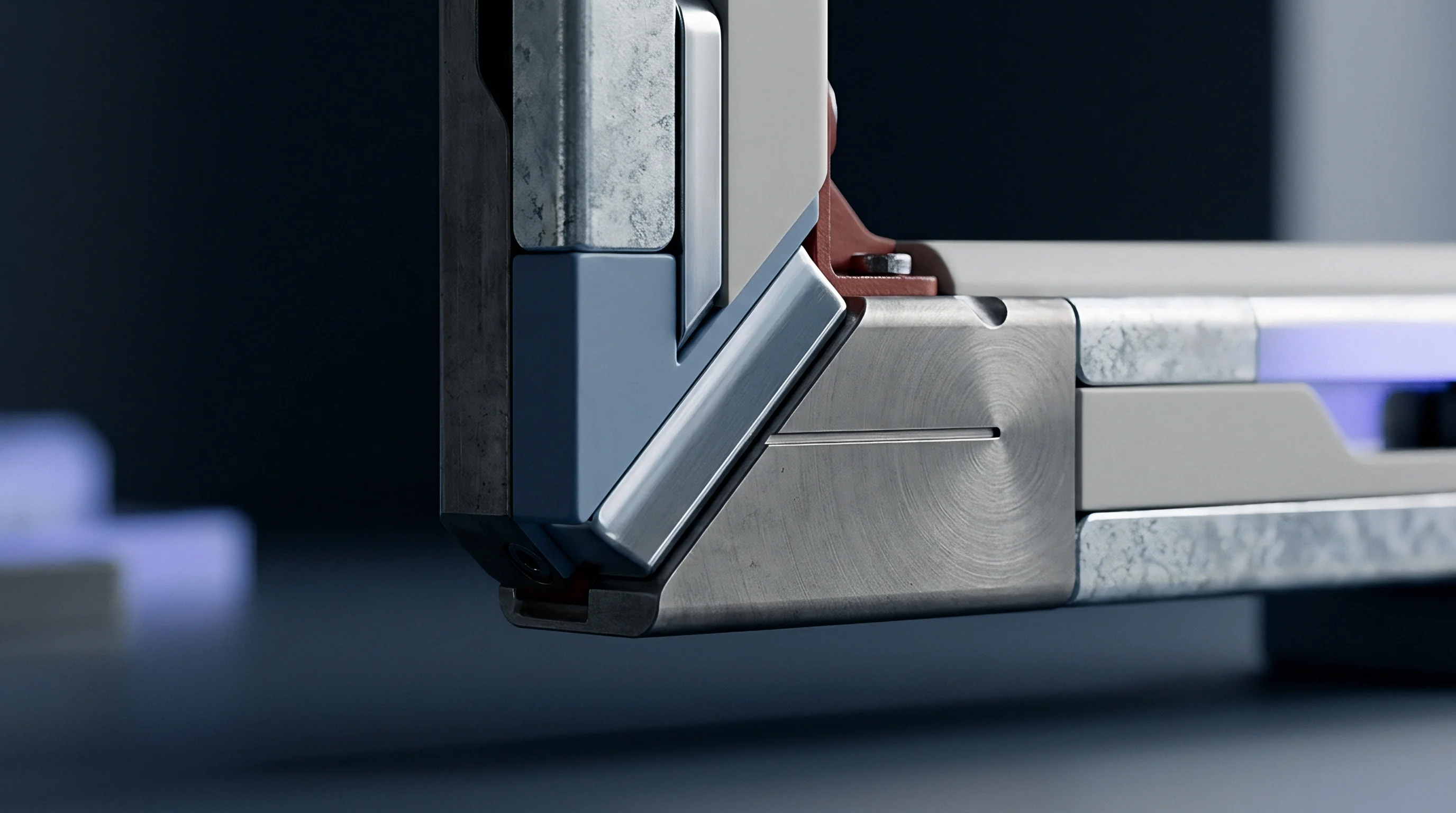 Metal and galvanized steel components form an interlocking frame corner assembly designed for structural integration of modular radio and antenna hardware systems.