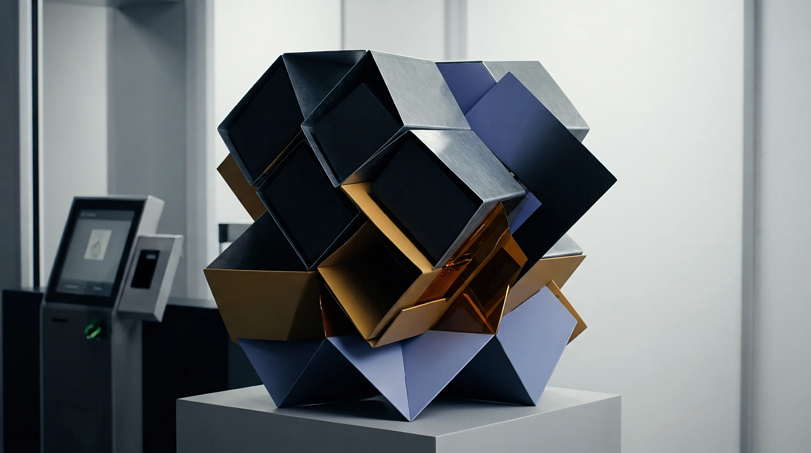 Multicolor modular blocks form a geometric cluster on a white plinth near a touchscreen kiosk in a sterile laboratory environment.