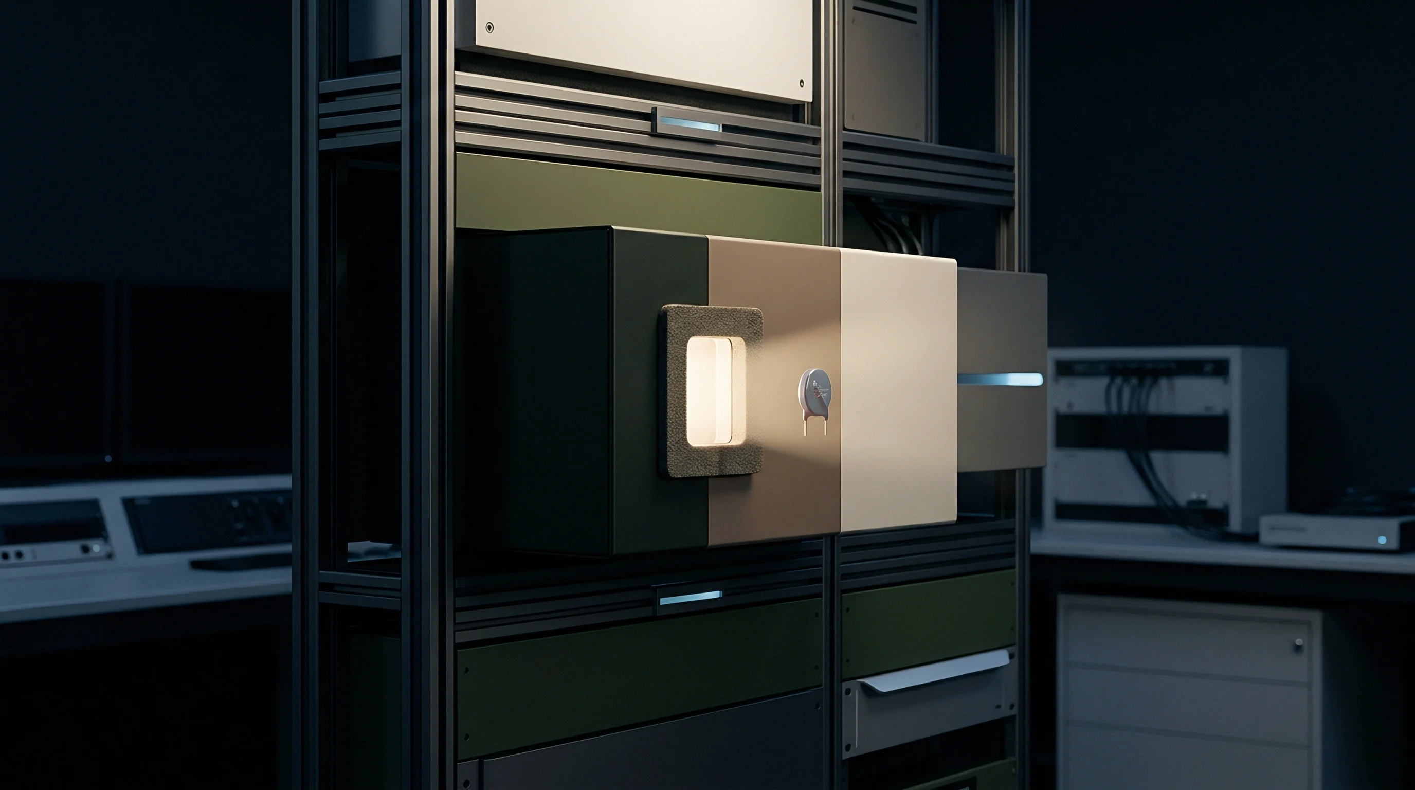 A digital render shows a multi-layered metal testing rack with a sliding compartment holding a two-lead electronic component illuminated by a light beam.