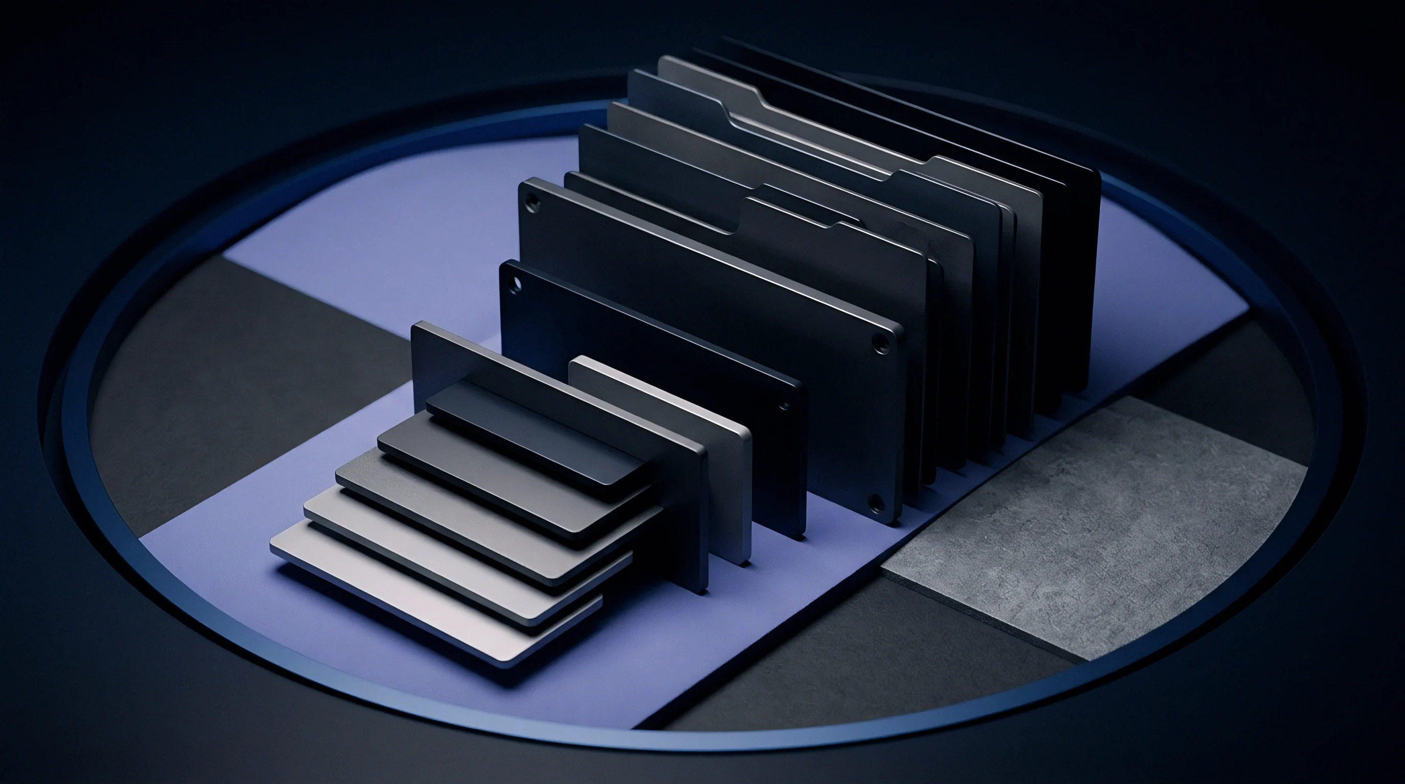 Metallic enclosure components and shielding plates of various sizes are arranged on a circular platform in a digital render.