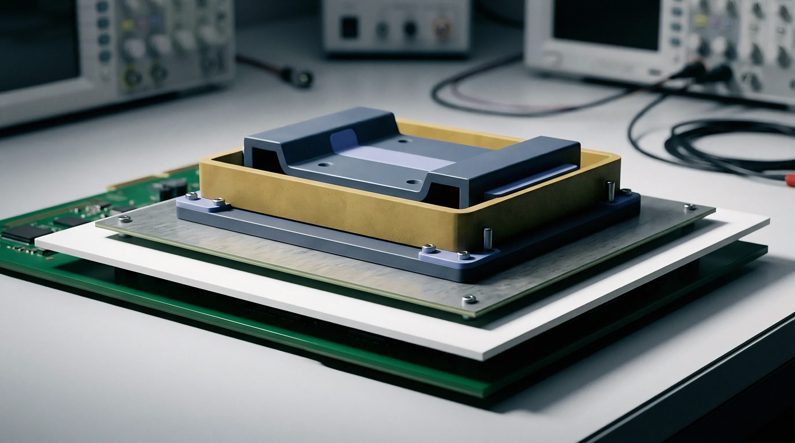 Multilayer radio frequency test fixture featuring metallic plates and a printed circuit board rests upon a laboratory workbench.