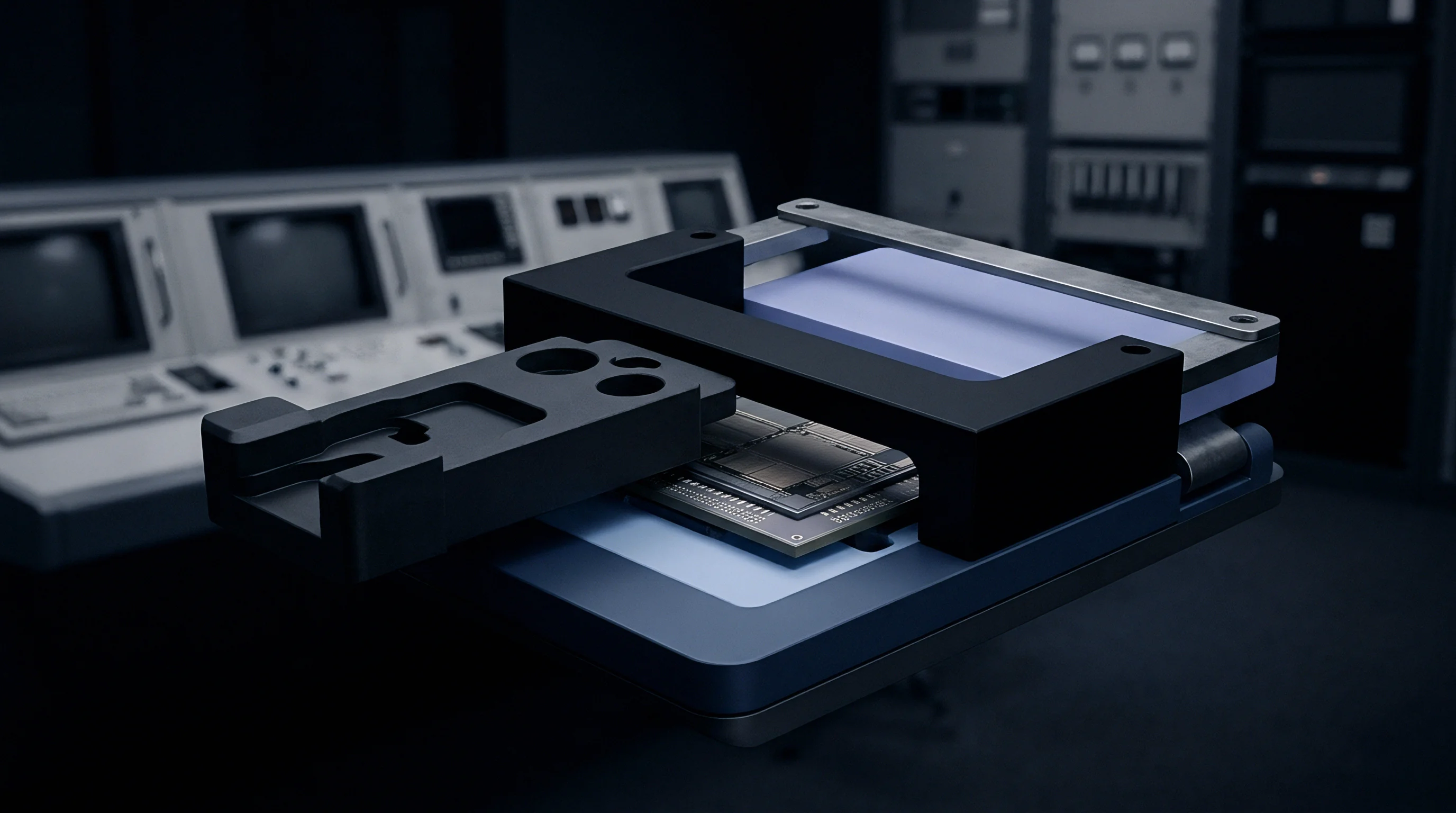 This render shows a precision chip handler fixture holding a complex microelectronic component over a blue substrate in a technical setting.