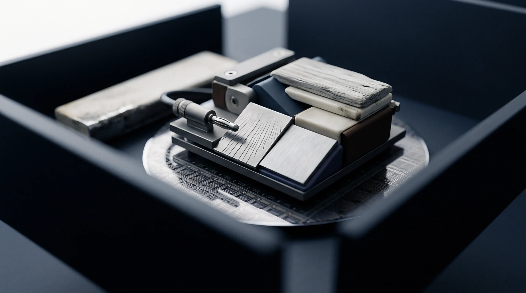 A digital render shows a multi material modular testing fixture assembled with diverse substrate samples on a silicon wafer in a tray.