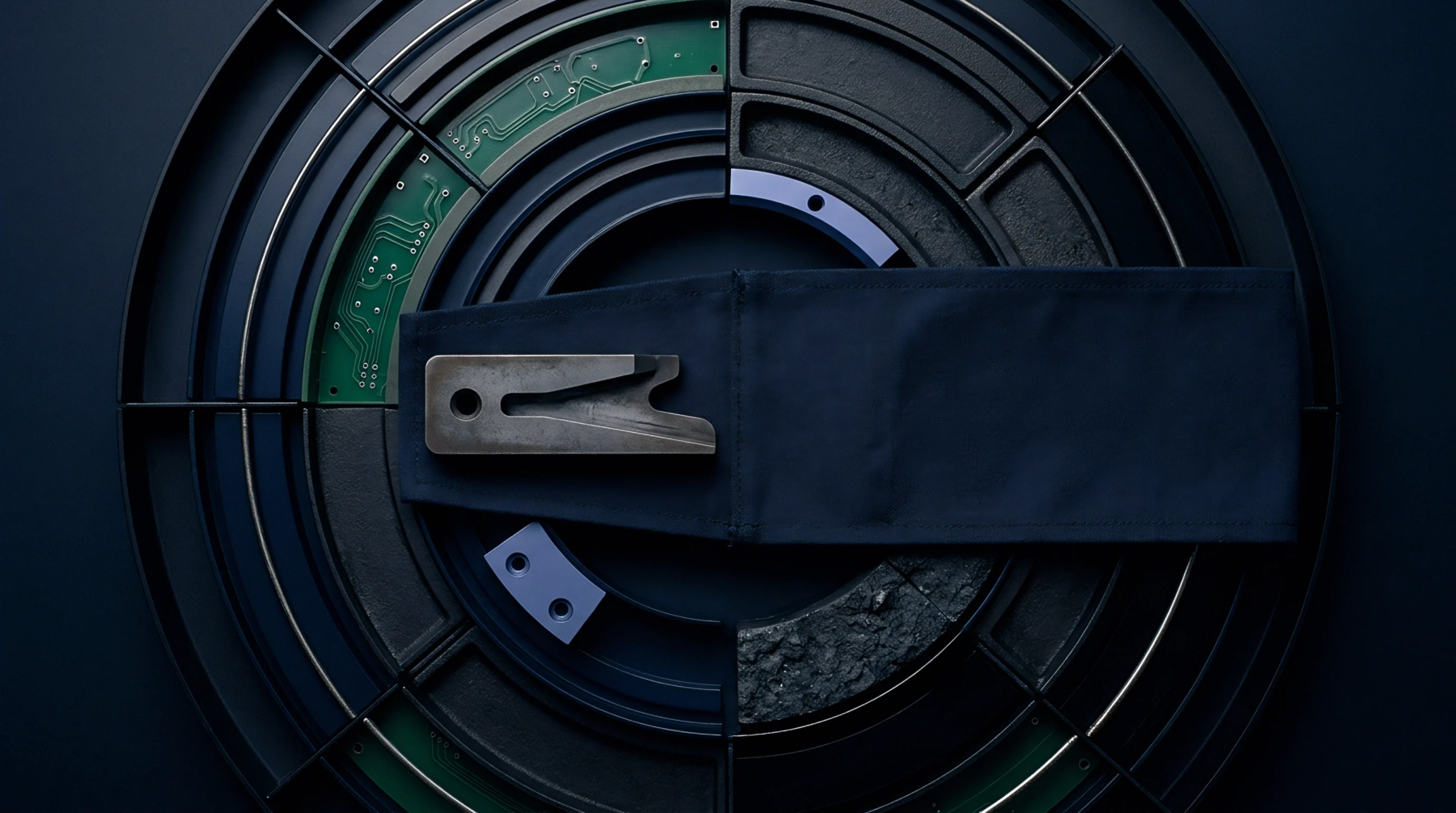 A circular manufacturing test fixture houses green printed circuit boards, a metallic calibration tool, and a secure fabric retention strap.