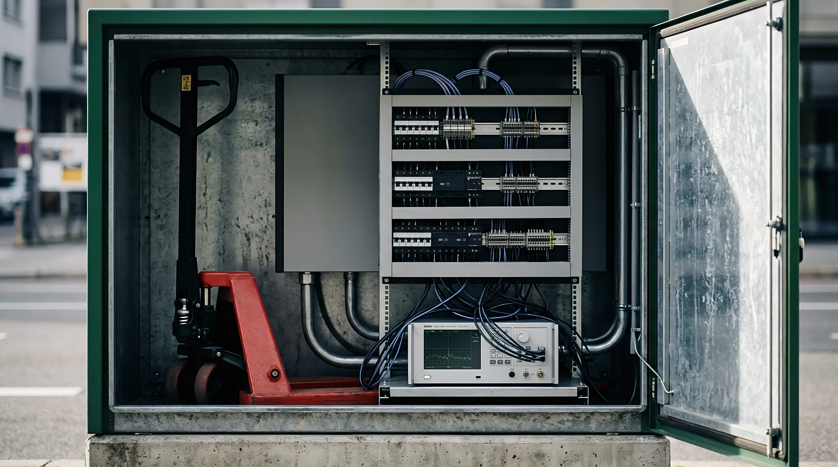 This open utility enclosure contains electrical control modules, extensive wiring, and measurement equipment alongside a material handling tool.