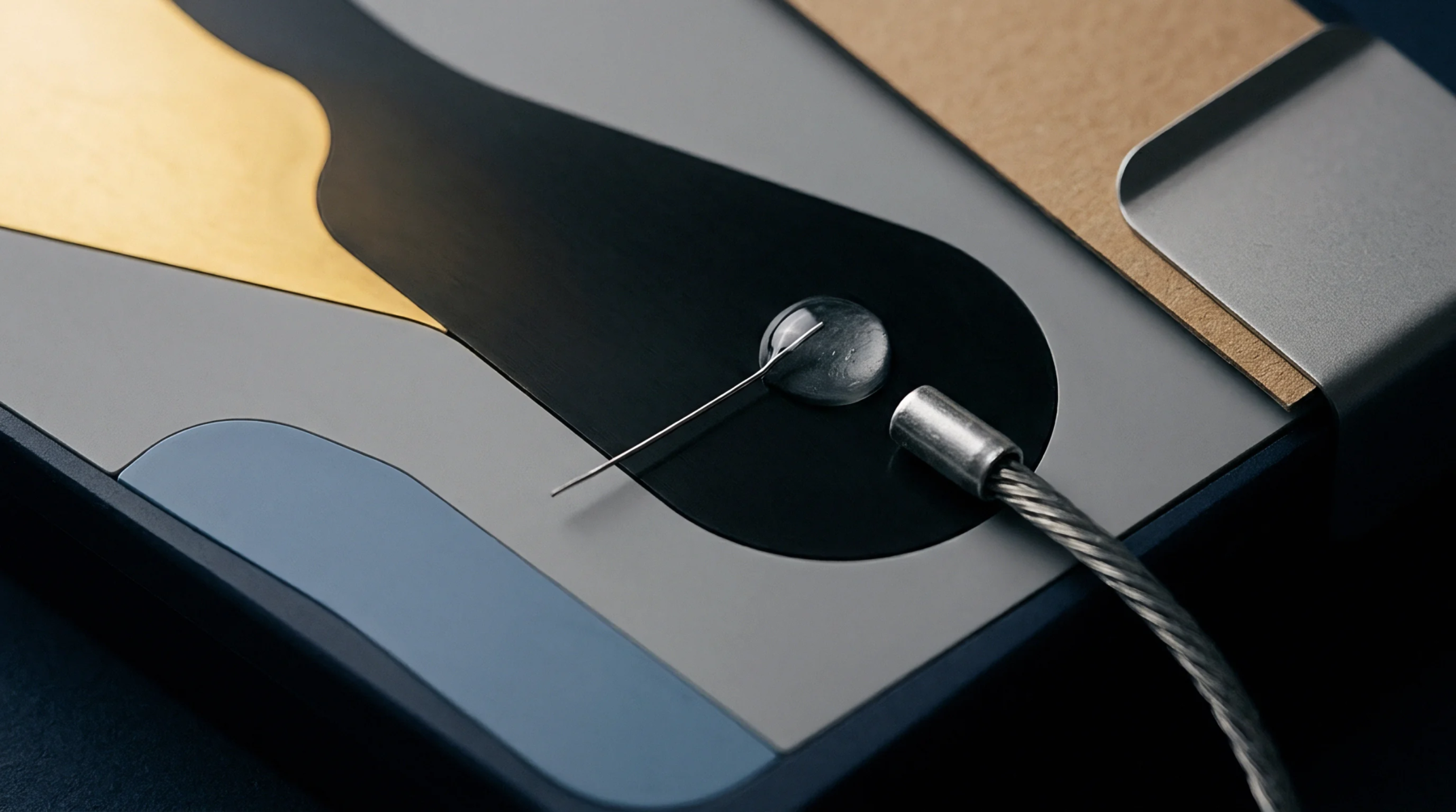Metallic probe needle touches a solder pad on a patterned device substrate near a coaxial cable connector during automated component assembly.