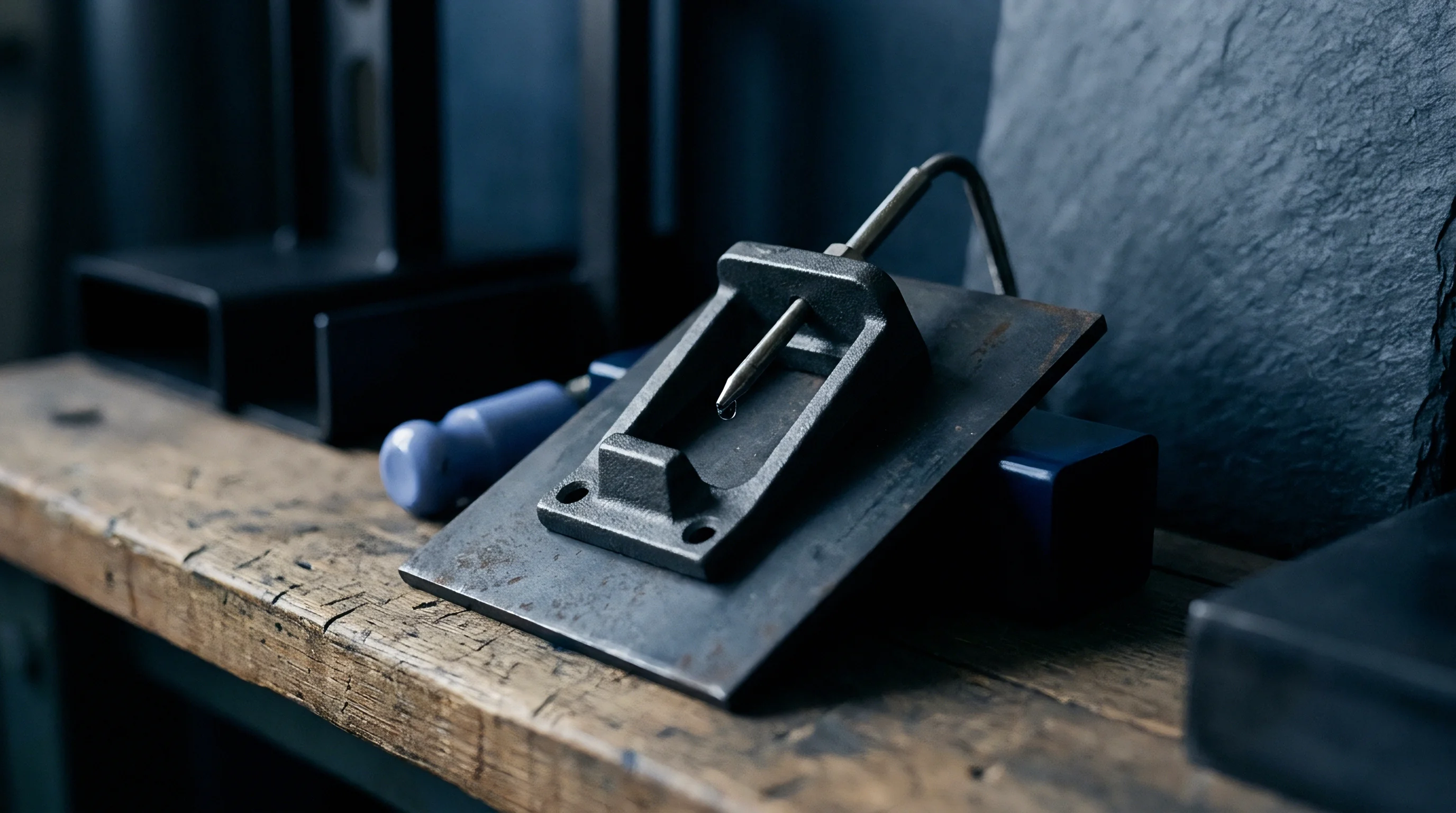 A metal test fixture on a wooden workbench holds a dispensing needle with a suspended droplet of protective coating.
