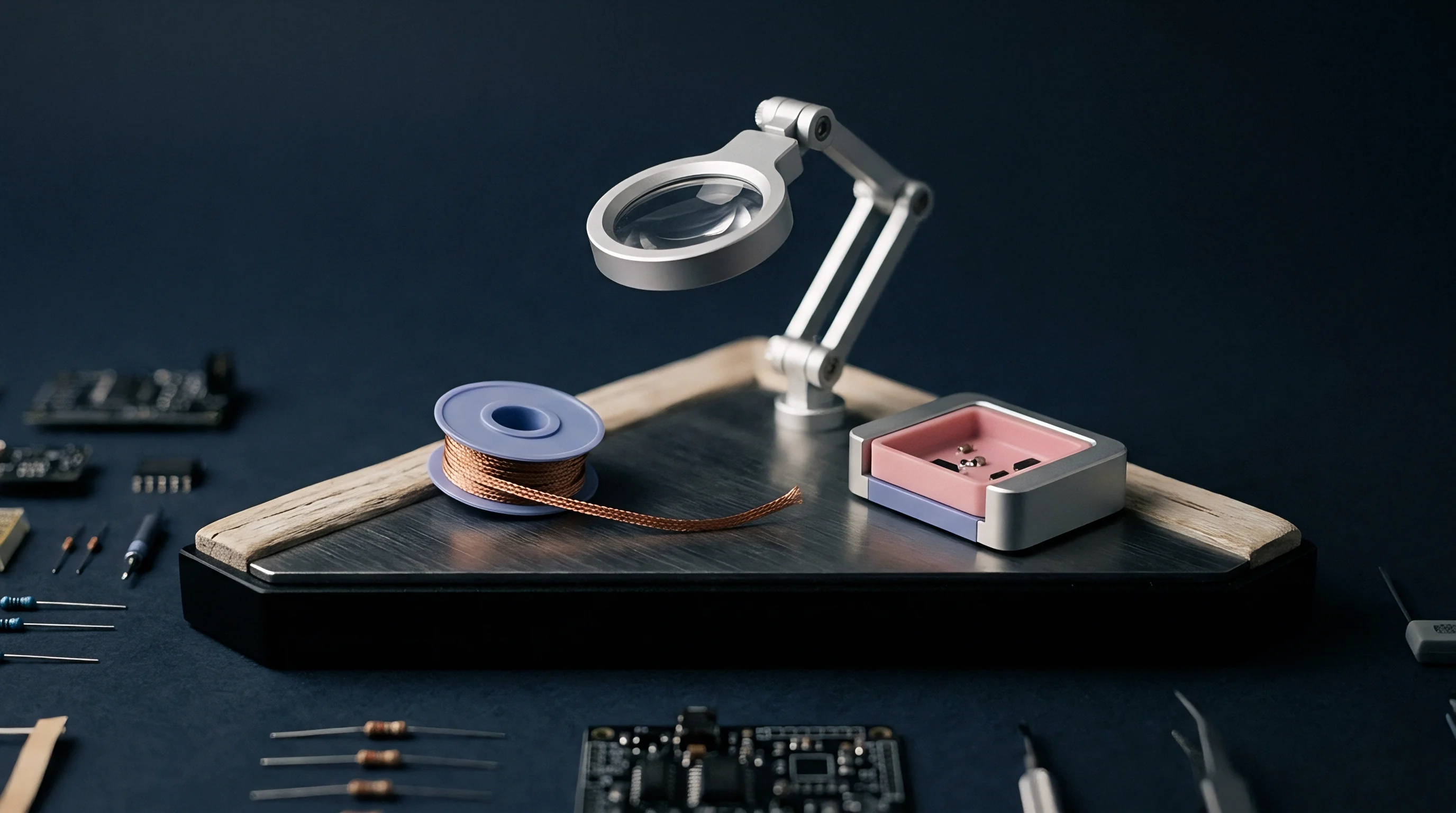 An electronics assembly workstation with a magnifying lamp copper desoldering tape integrated circuit components and specialized test fixtures rests on a surface.