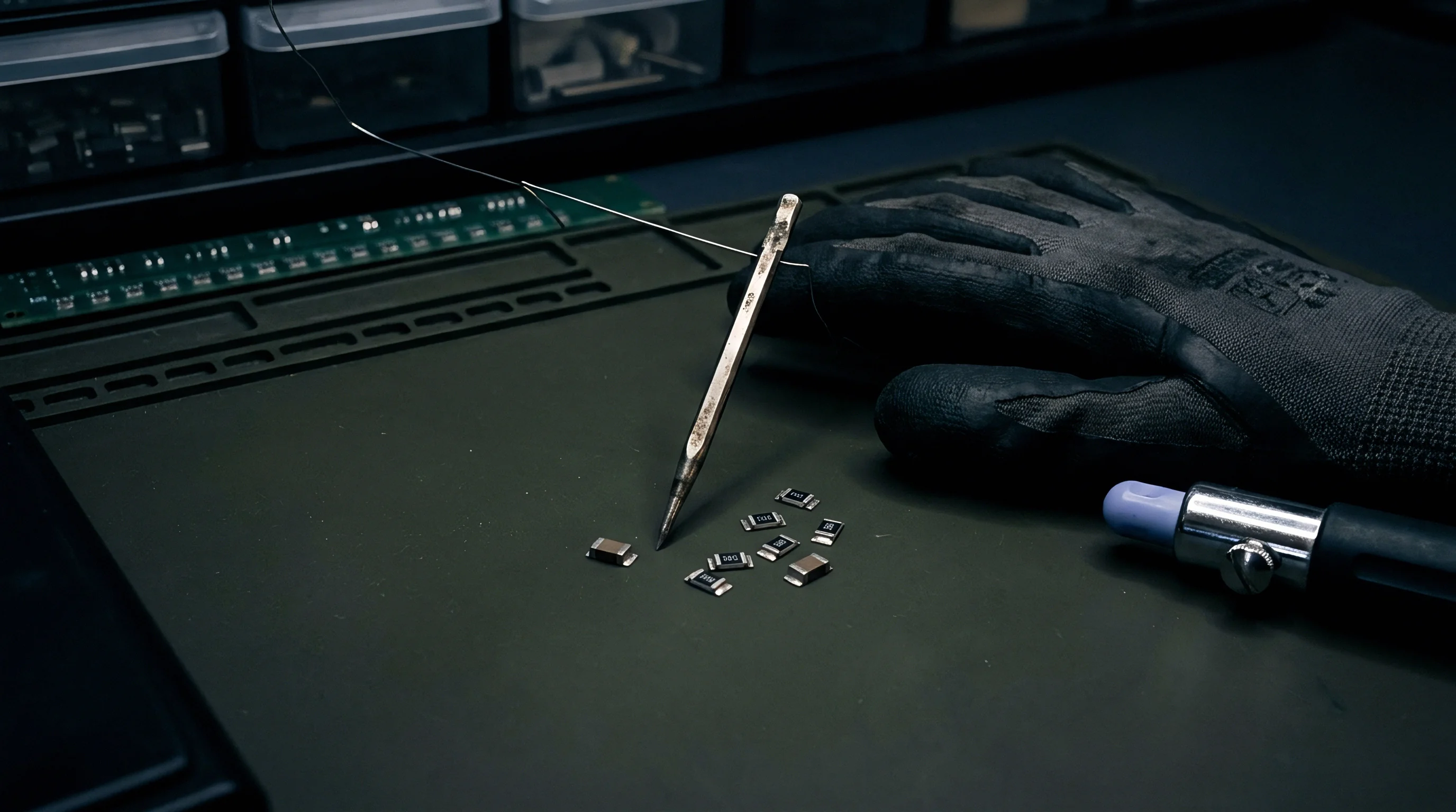 Small surface mount device components lie on an anti-static work mat next to a fine-tipped tool and a protective glove.