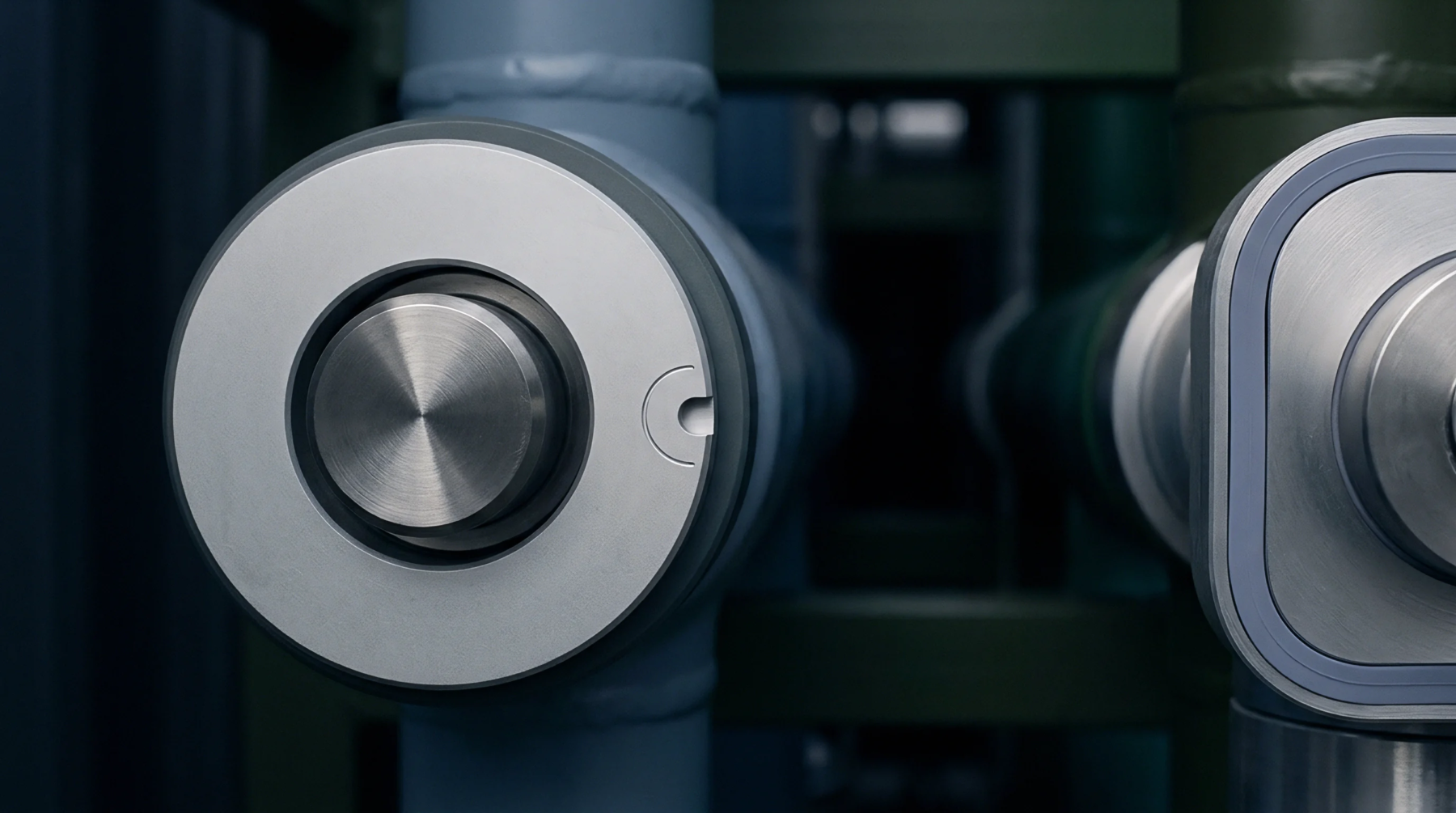 Polished steel compression fittings and cylindrical mounting structures align within a modular production facility for high frequency radio hardware assembly.