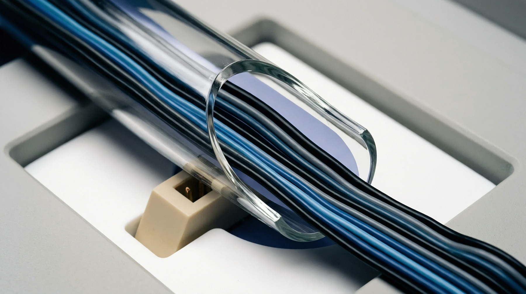 Bundled blue and black insulated wires pass through a cylindrical glass conduit seated within a machined grey housing module prototype.