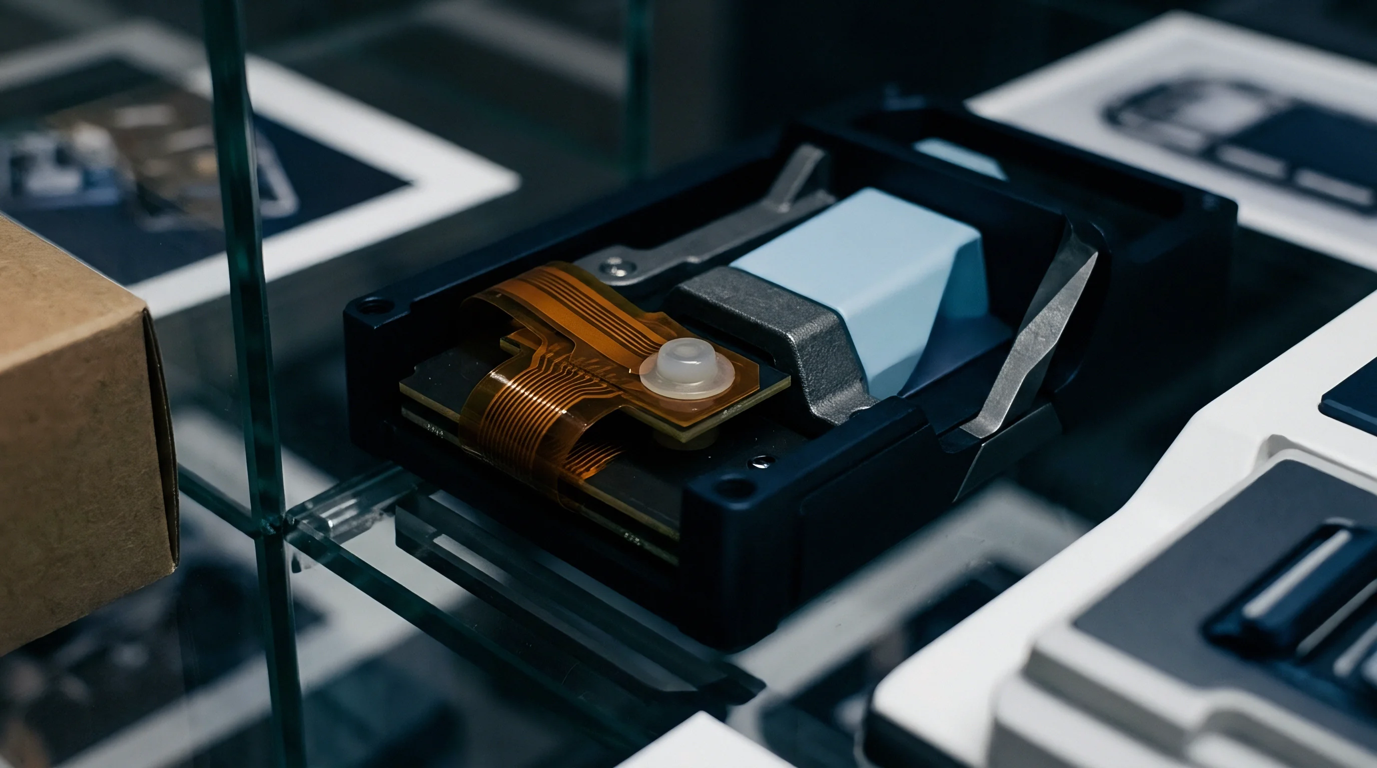 This is an electronic module assembly with flexible printed circuits and a blue component inside a dark housing on a glass shelf.