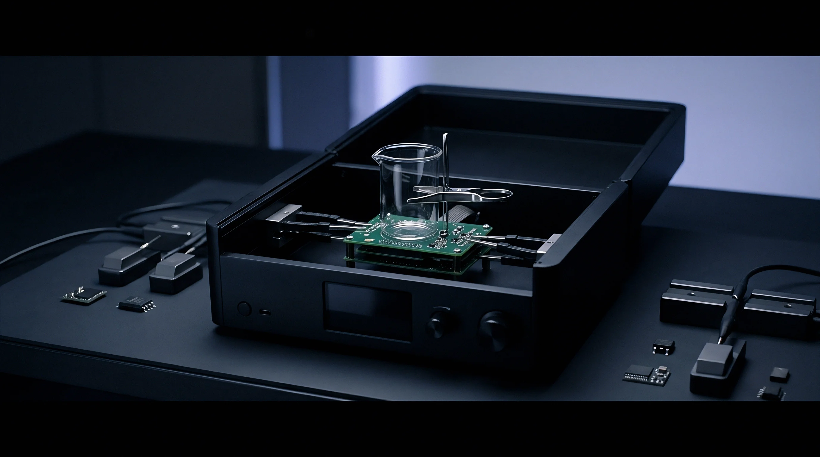 A glass beaker rests on a populated circuit board inside a modular testing housing with external cable connections and scattered electronic components on the workbench.
