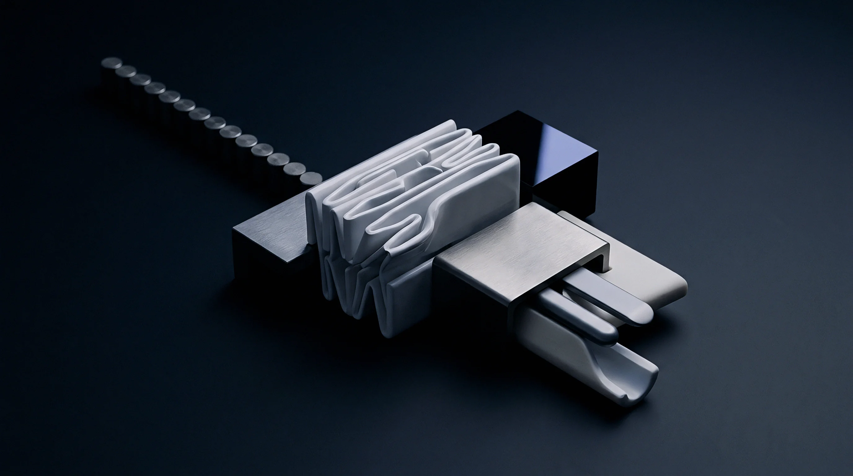 This render shows a precise technical assembly featuring metallic structures, a folded white flexible component, and a linear array of circular metallic elements on a dark surface.