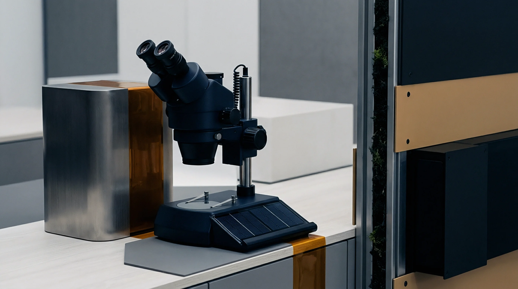 A dark binocular microscope stands on a white laboratory workbench beside a rectangular metal component within a clean manufacturing and testing facility.