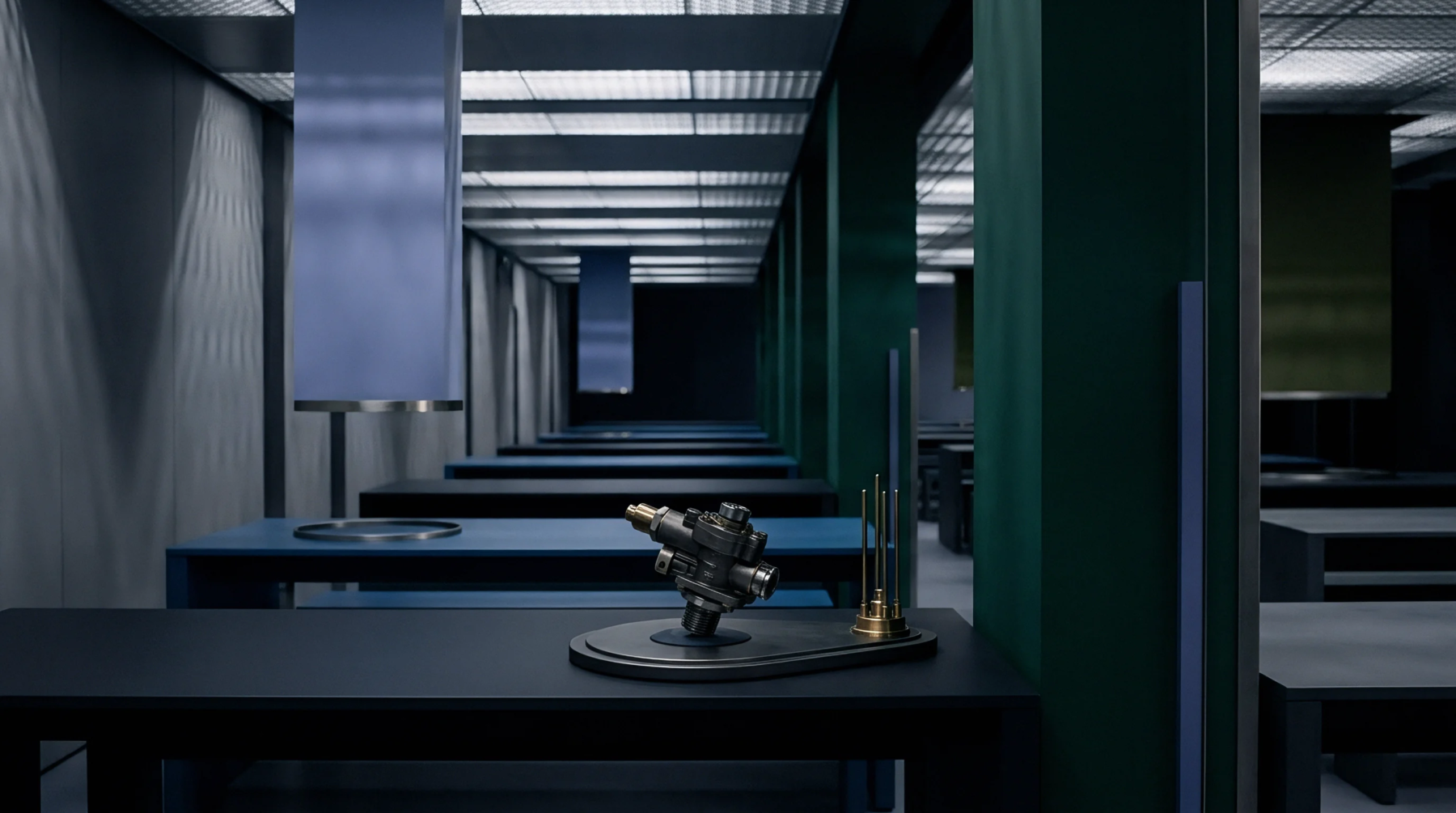 Gridded ceiling lights illuminate a digital render where a metallic module prototype sits on a dark pedestal atop a laboratory table.