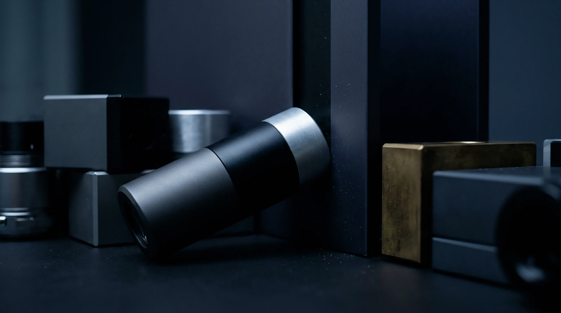 Precision machined metal cylinders and rectangular enclosures rest on a dark surface during modular connectivity hardware integration.