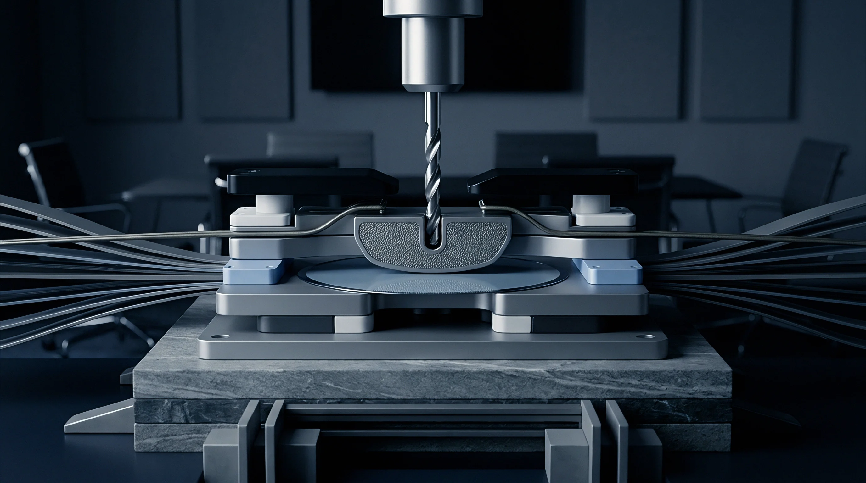 This render depicts a precision drill bit engaging a textured component secured within a high-tech fixture with numerous cables fanning out.