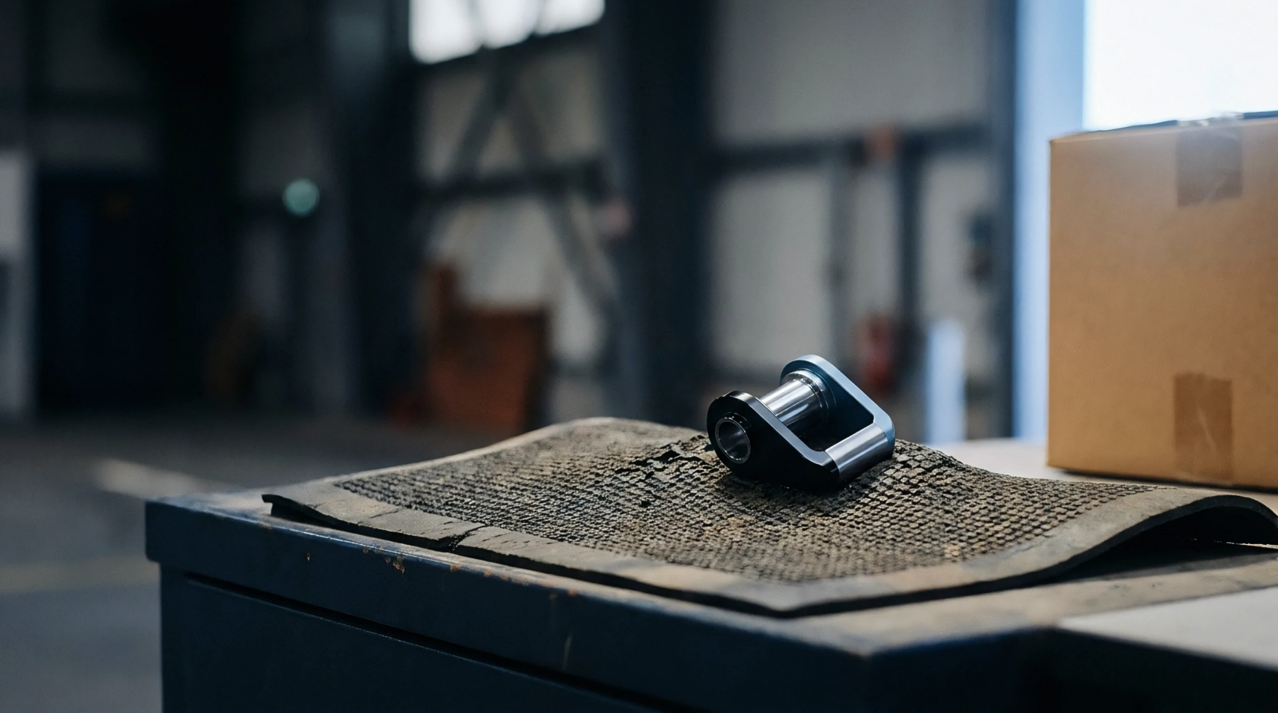 Precision machined metal mounting brackets rest on a textured black rubber mat atop a warehouse workbench beside a cardboard parcel.