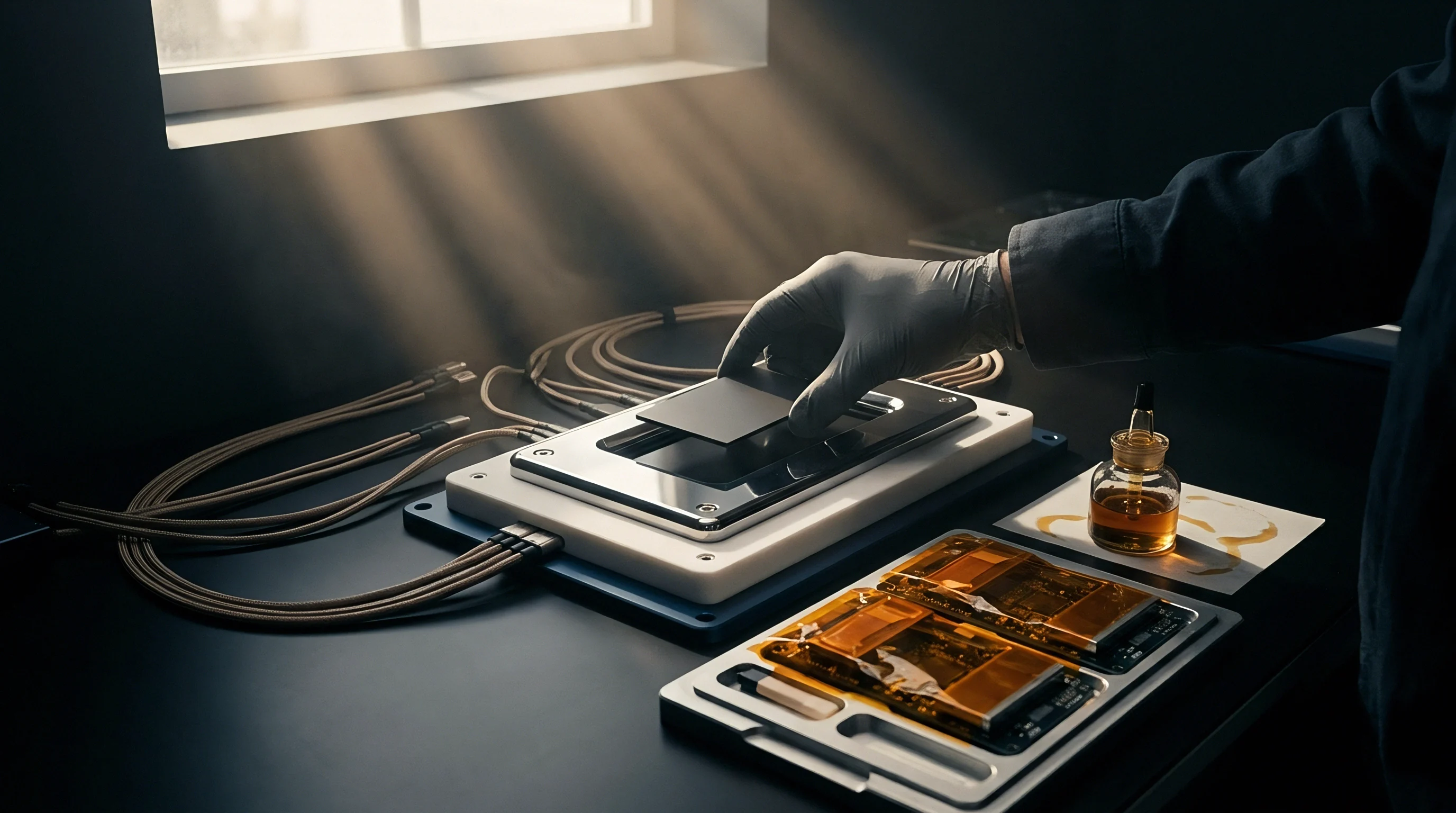 A grey gloved hand holds a black module over an electronic substrate assembly located near braided cables and liquid chemical containers.