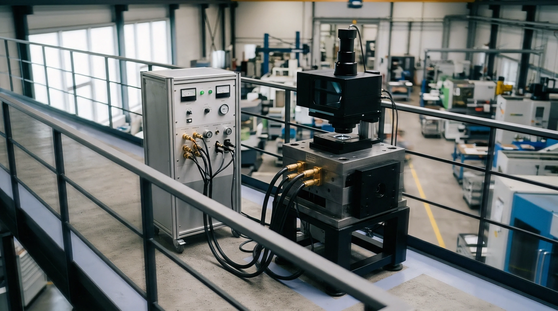 Precision manufacturing occurs on a mezzanine level where a metal mold base and optical sensing head connect to a control unit.