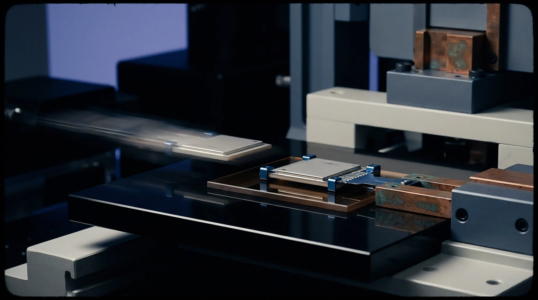 A silver-finished electronic module is transferred by an automated handler onto a fixture with copper contacts and blue clips.