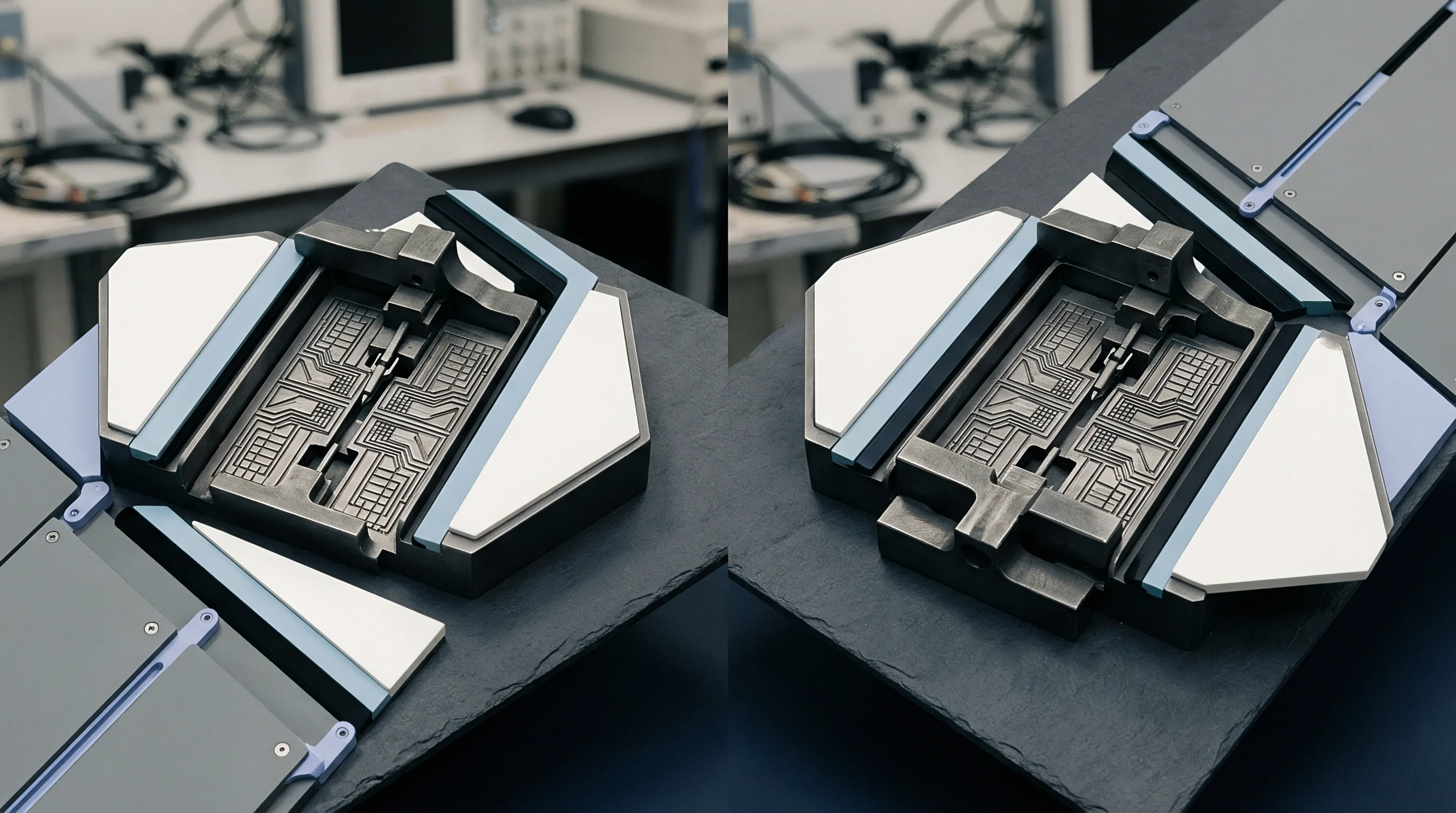 Two intricate electronic test fixtures, likely for semiconductor probing, are presented on a dark slate surface in a laboratory setting.