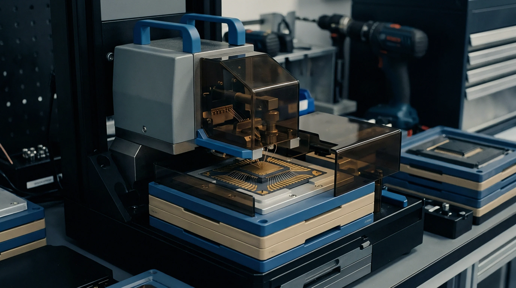 An automated wire bonding machine applies fine metallic leads to a semiconductor microchip resting on a multi layered stage inside a manufacturing lab.