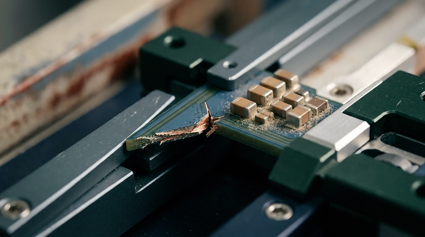A fractured circuit board held in metal clamps shows structural failure near surface mount capacitors with copper traces exposed and material debris.