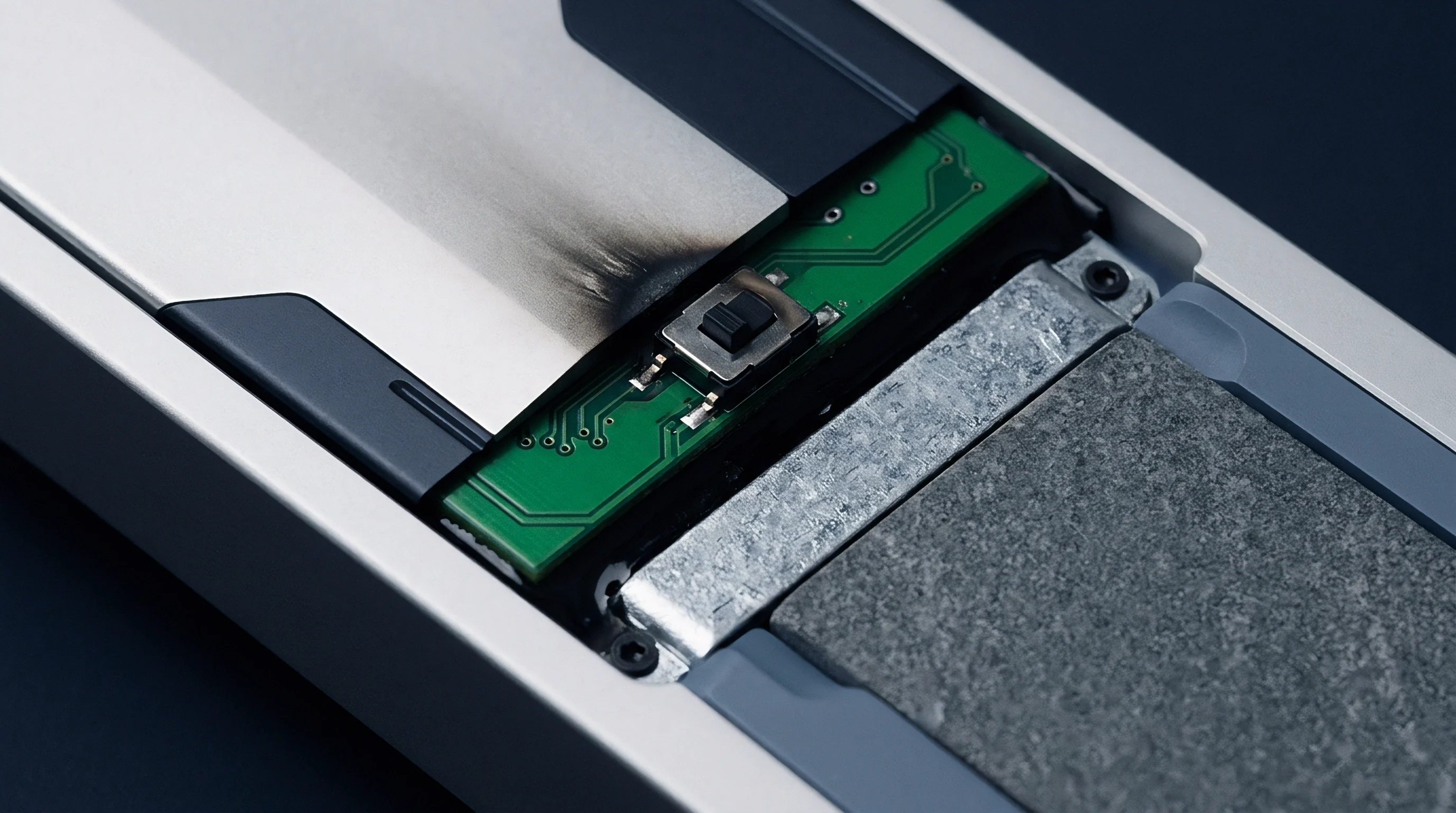 A printed circuit board featuring a tactile switch sits inside a metallic chassis exhibiting significant charred residue from an electrical short circuit event.