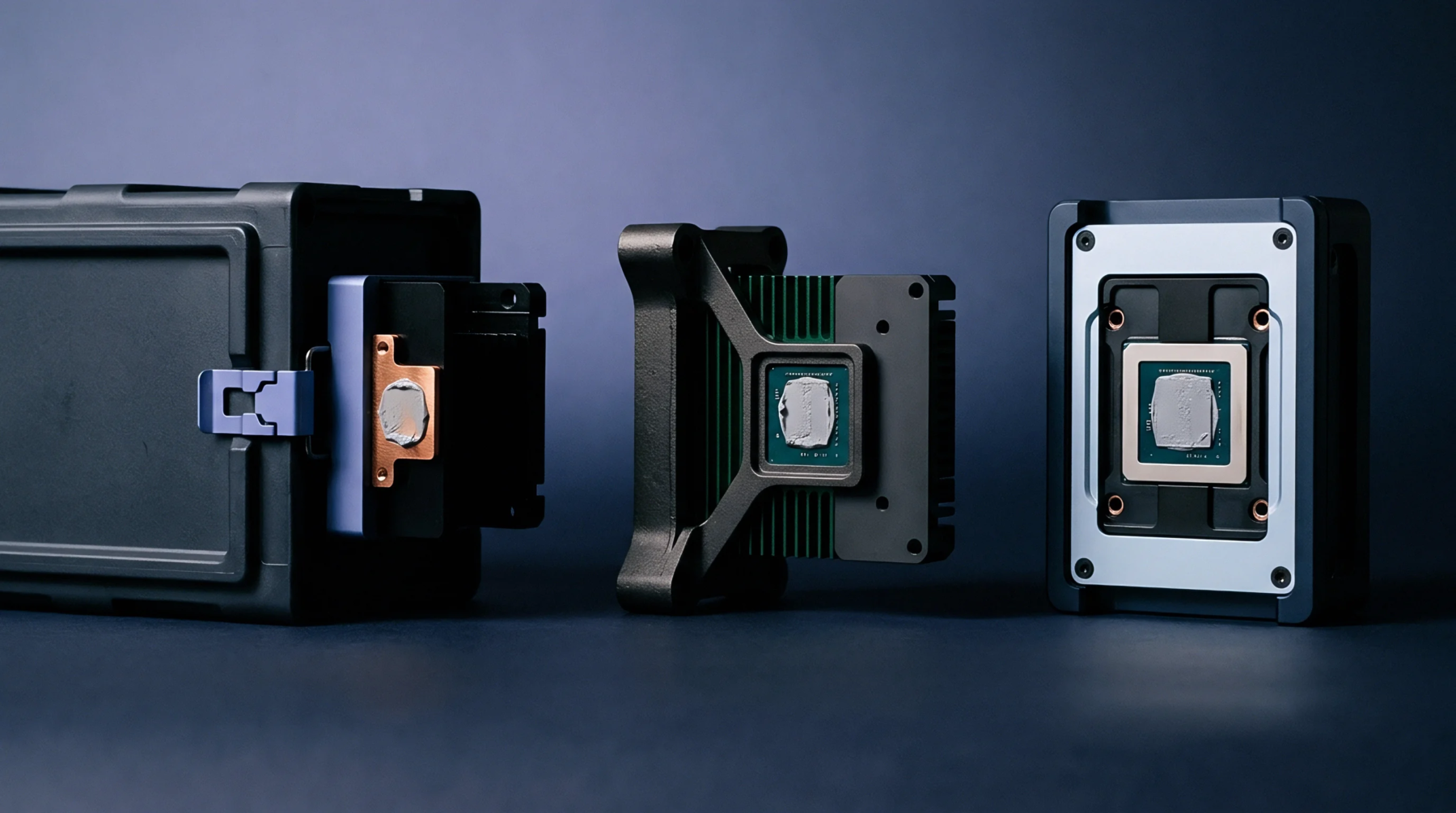 Three discrete connectivity modules showcase central processor units with thermal interface material on a dark studio background.